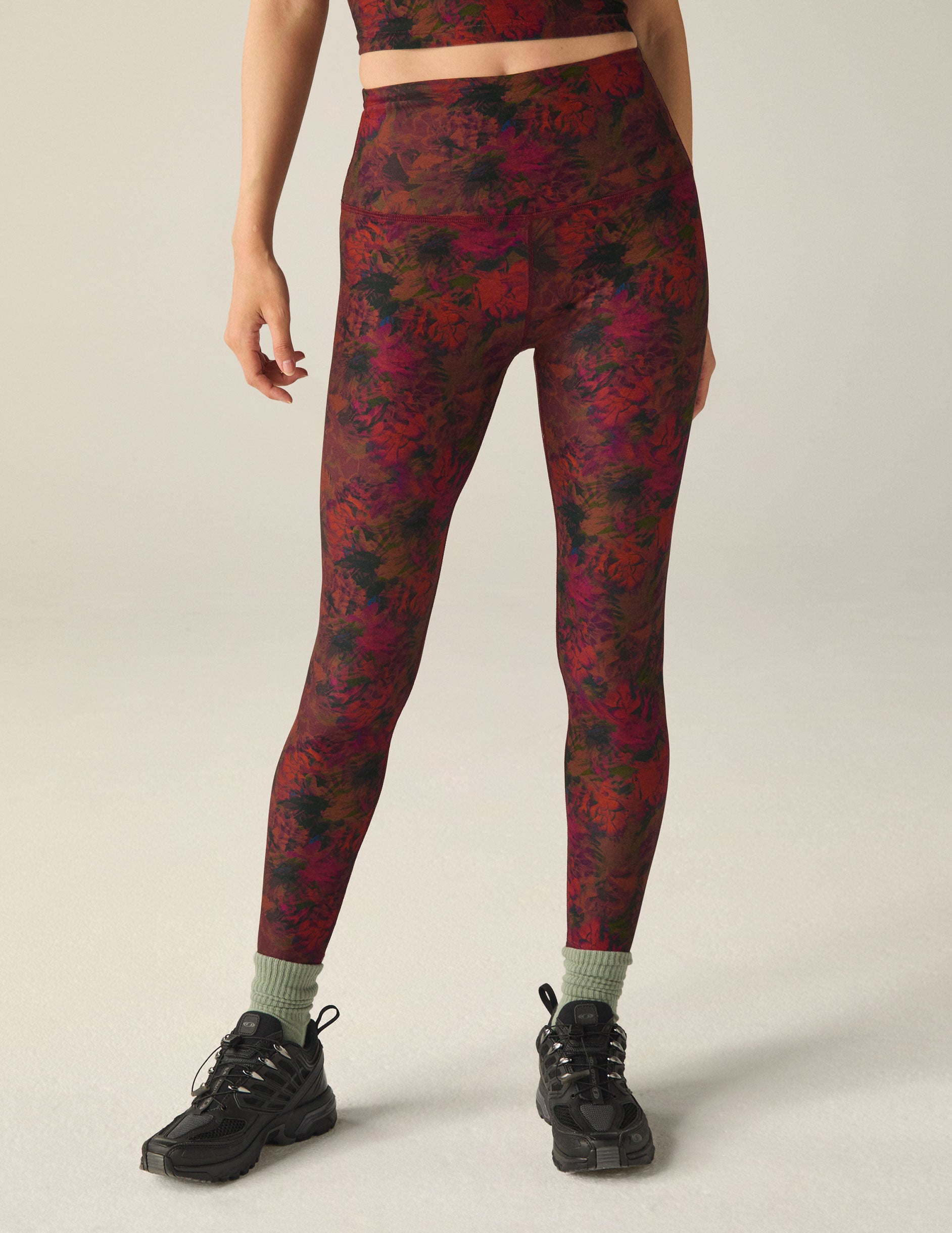 red floral printed high-waisted midi length legging.