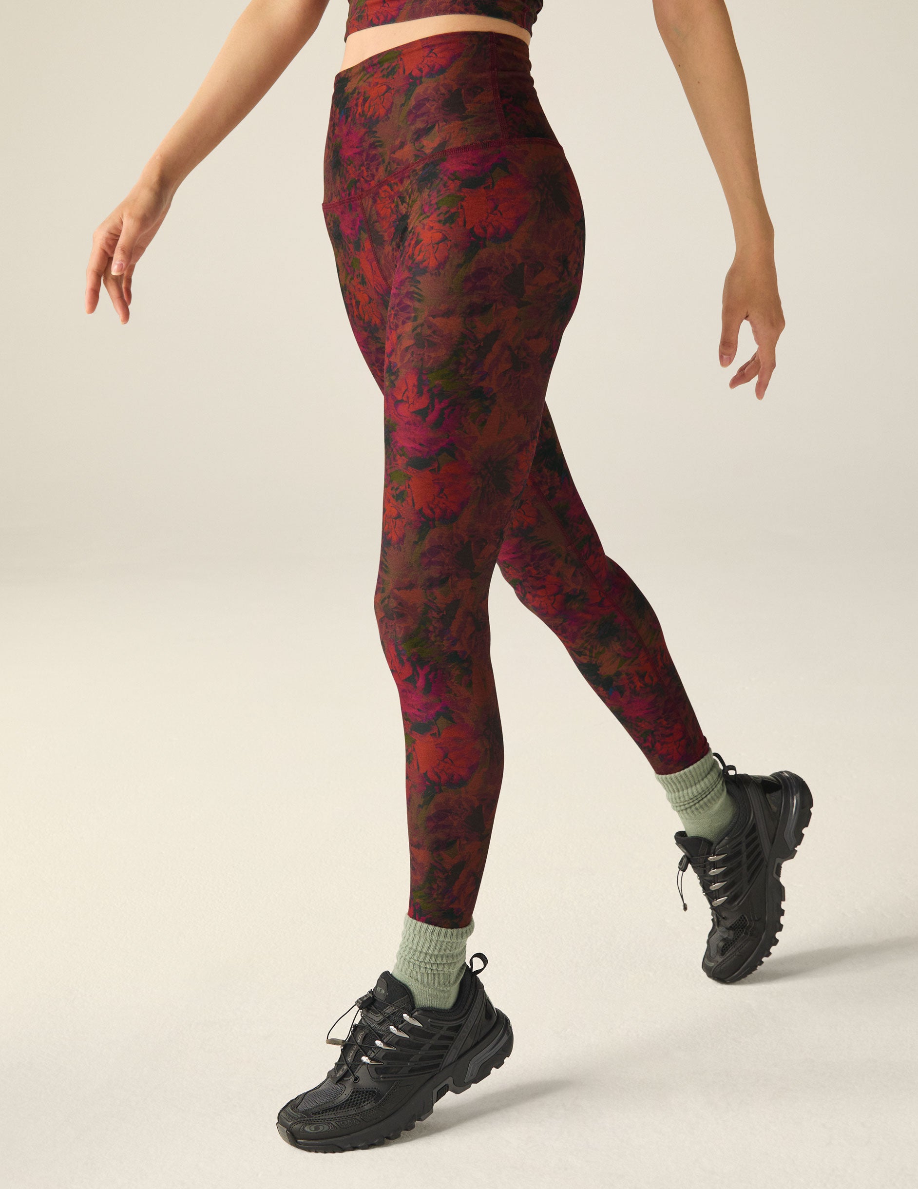 red floral printed high-waisted midi length legging.