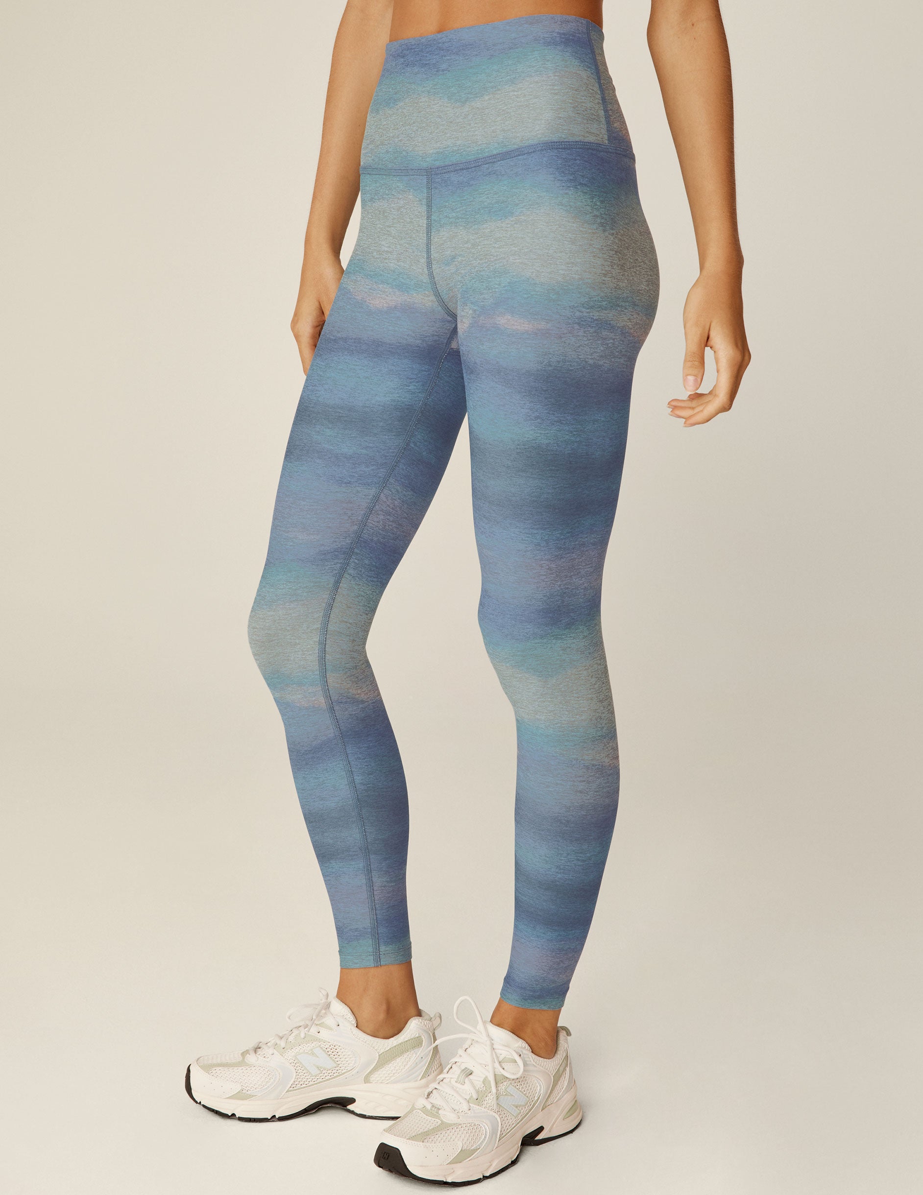 blue high-waisted watercolor printed midi leggings. 