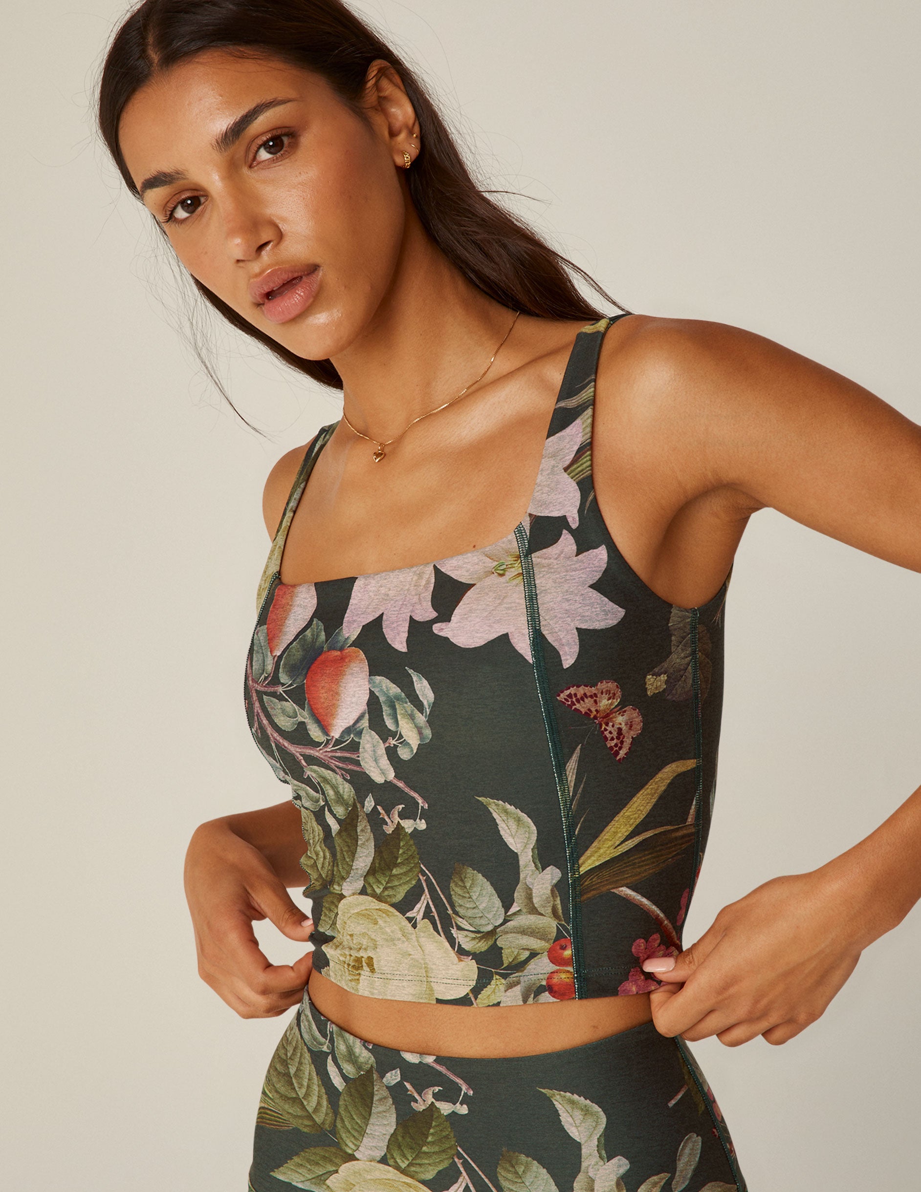 green floral printed square neck cropped tank top. 