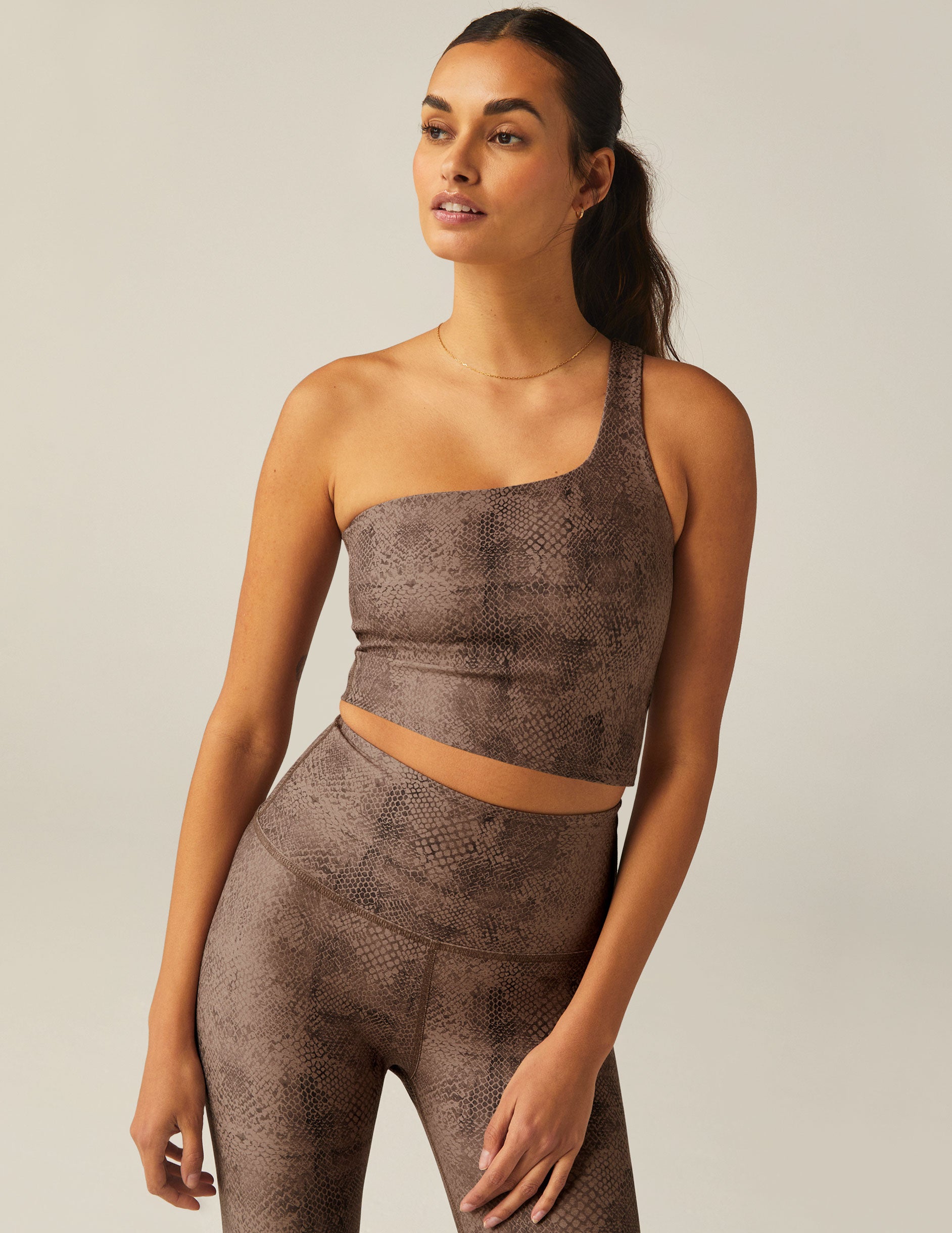 brown faux snakeskin print one shoulder cropped tank top.