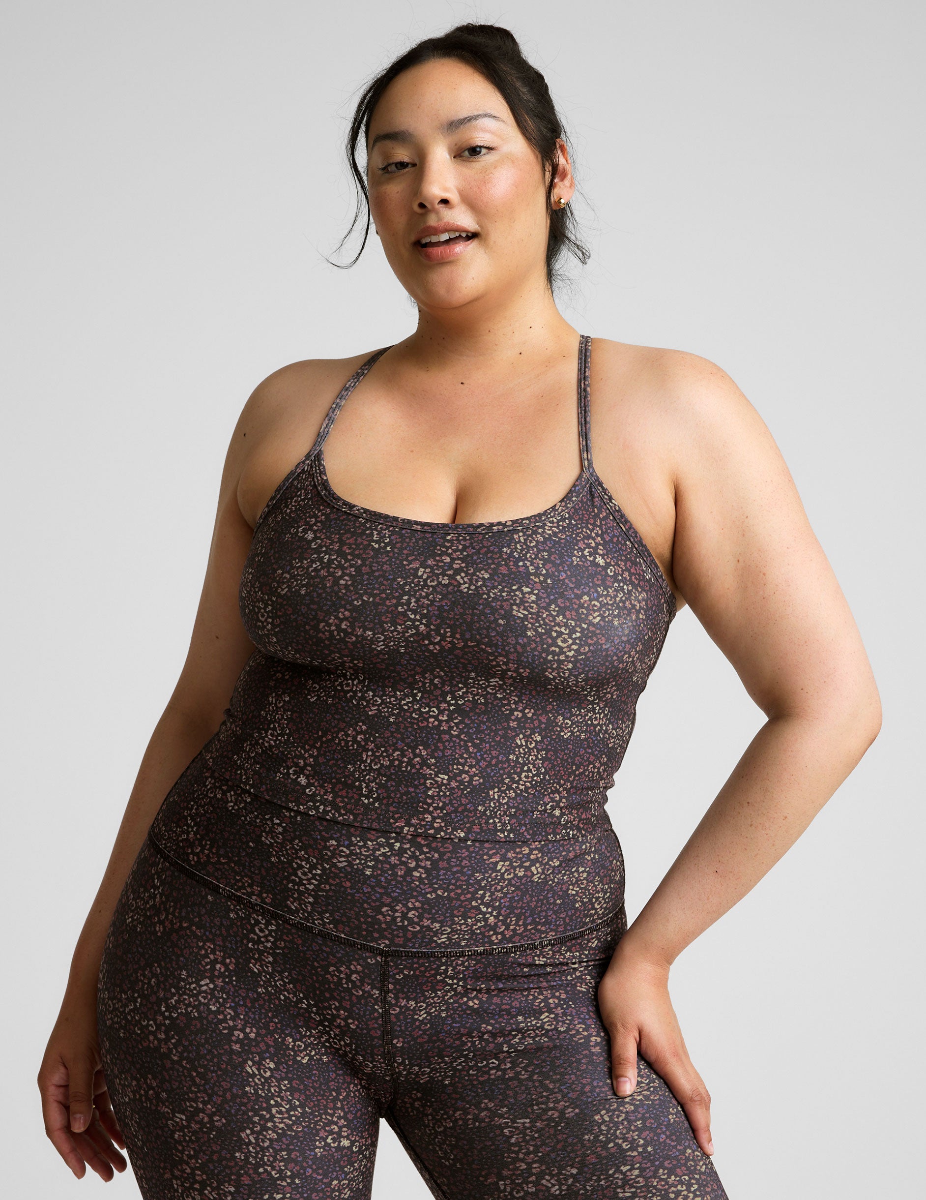 leopard printed racerback cropped tank top.