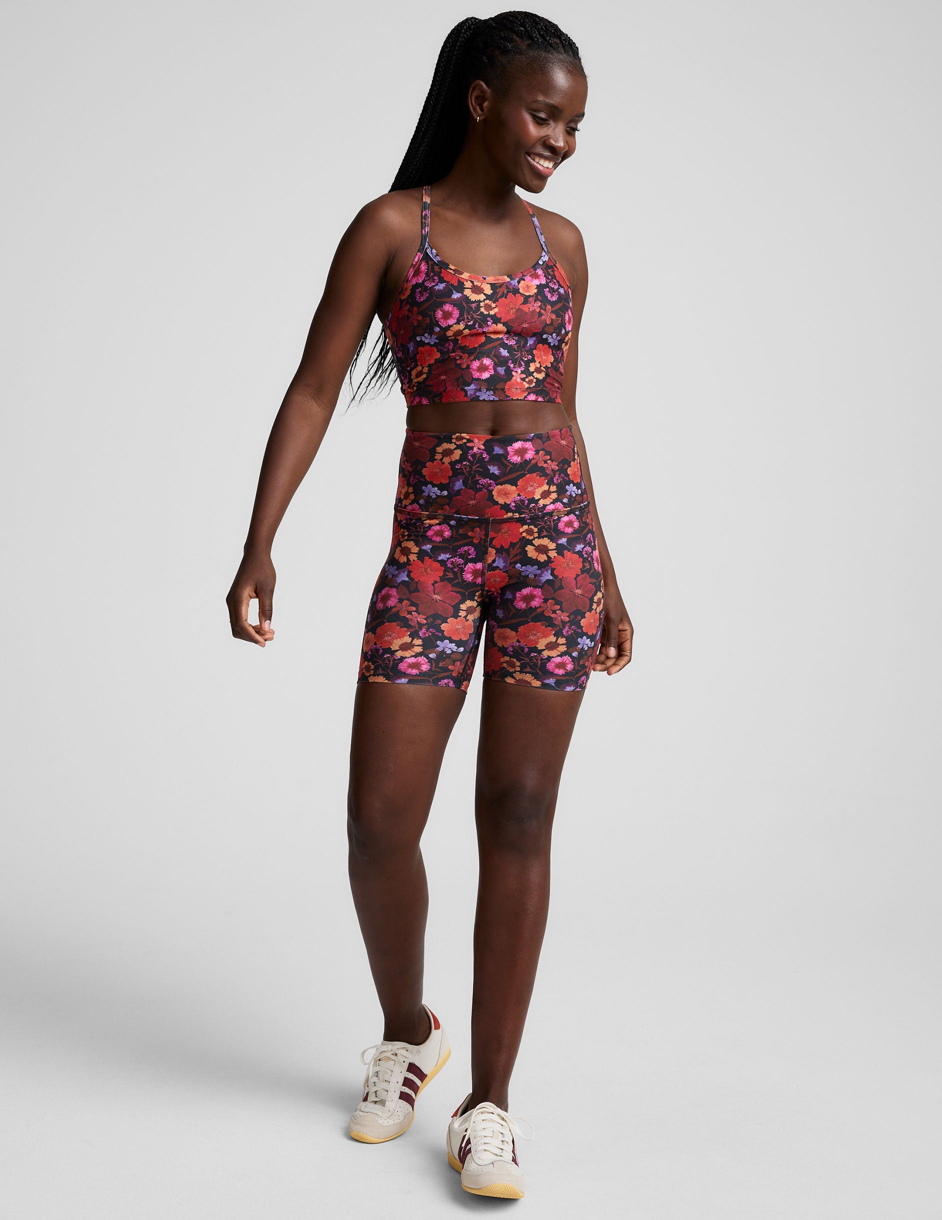 floral printed high-waisted 5" inseam biker shorts.