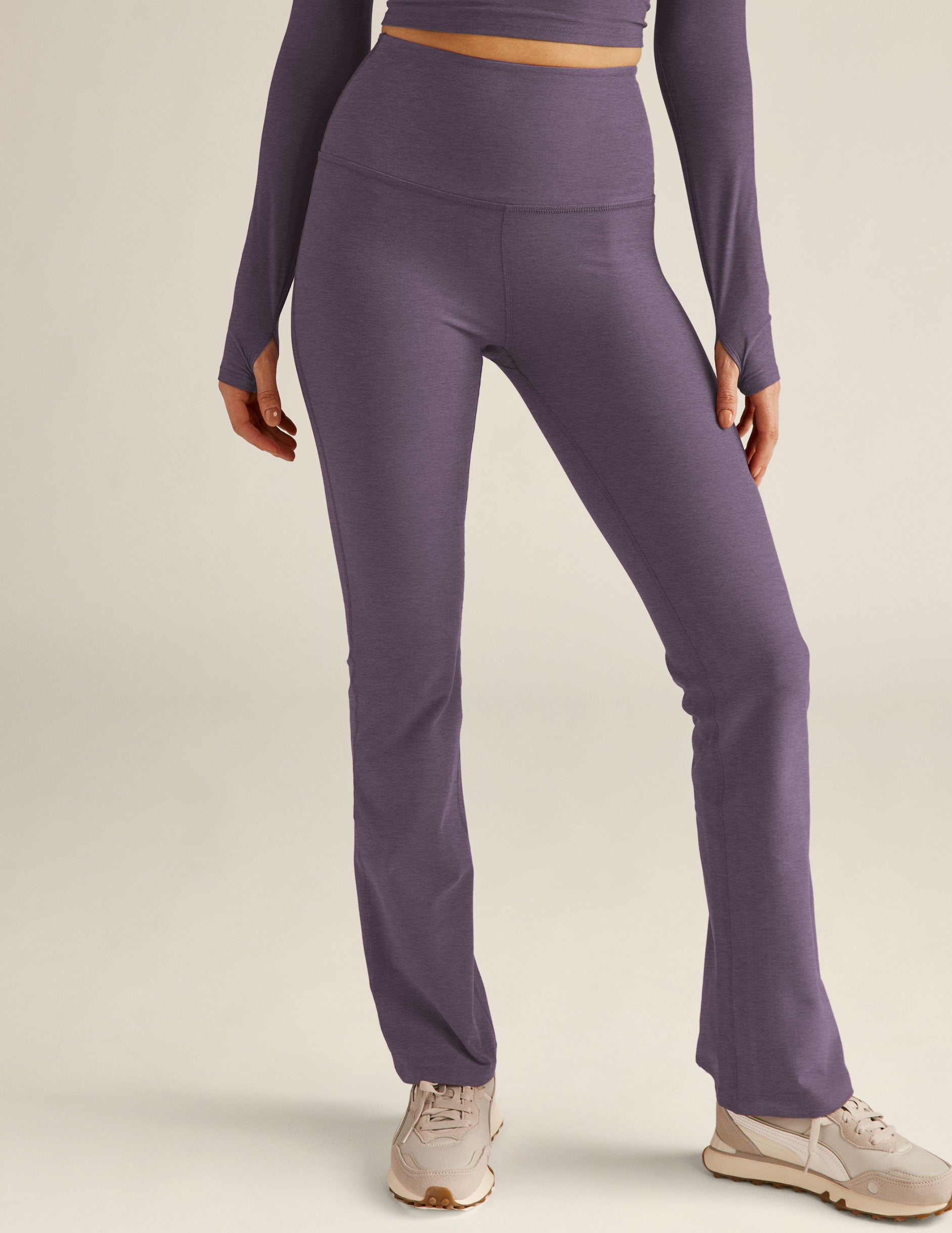 purple high-waisted bootcut pants. 
