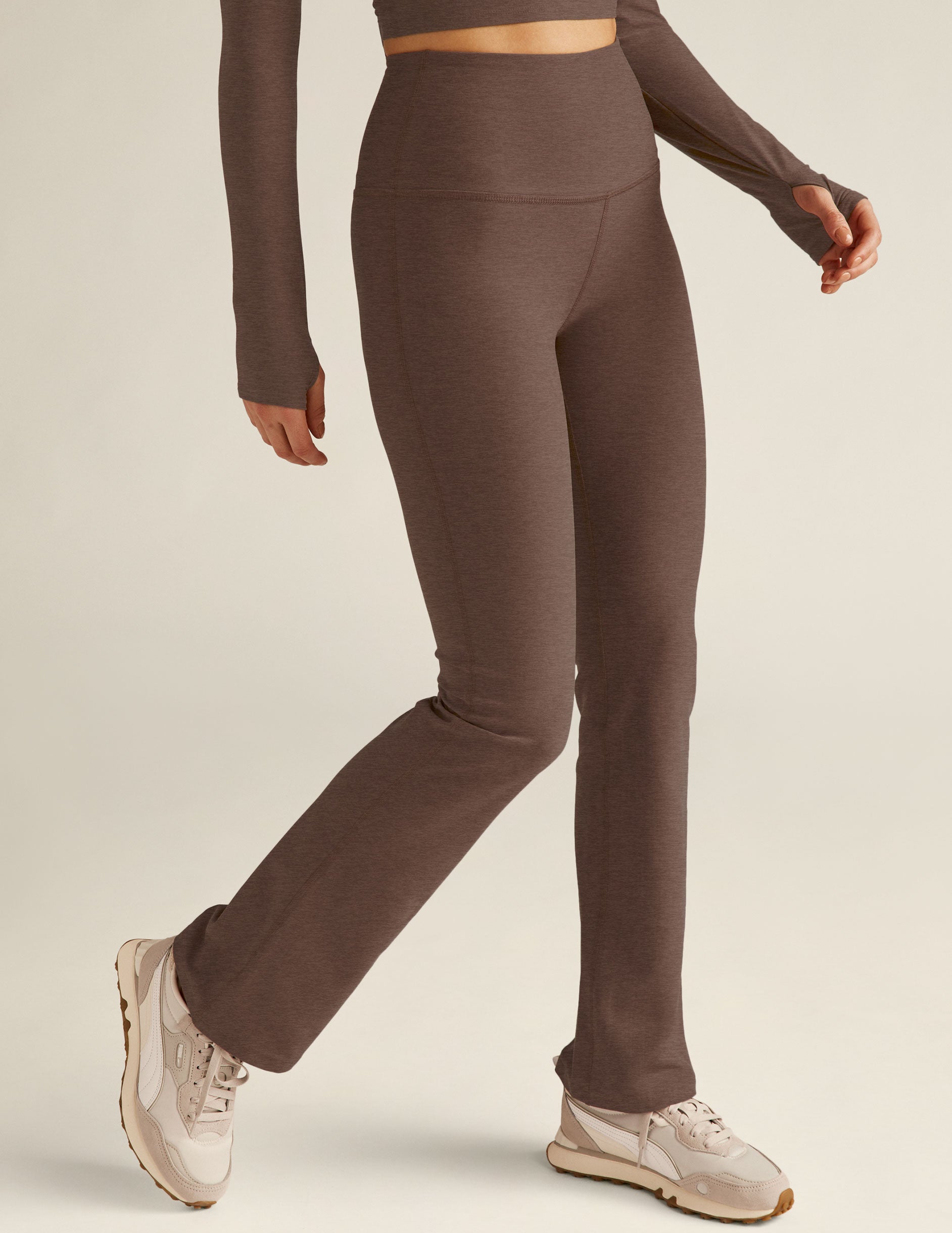 brown high-waisted bootcut pants. 