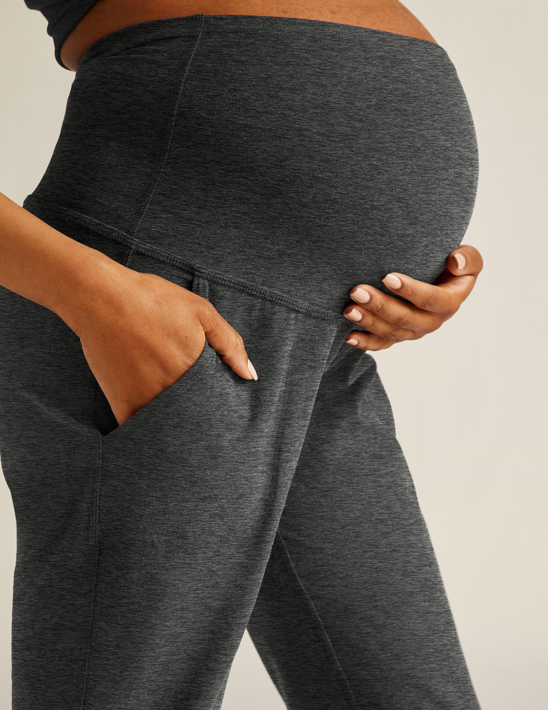 black-charcoal midi maternity joggers with pockets. 