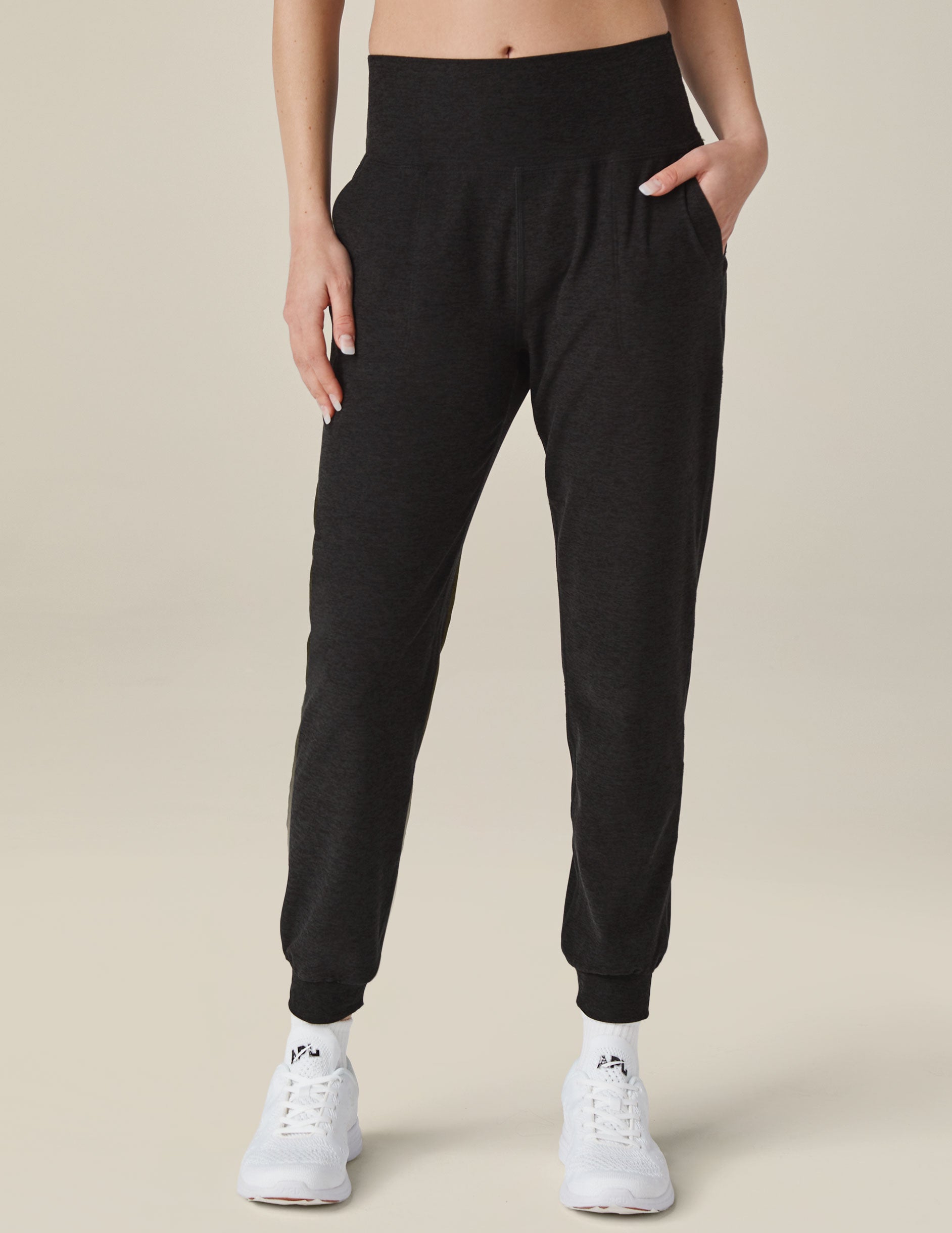 black high-waisted midi joggers