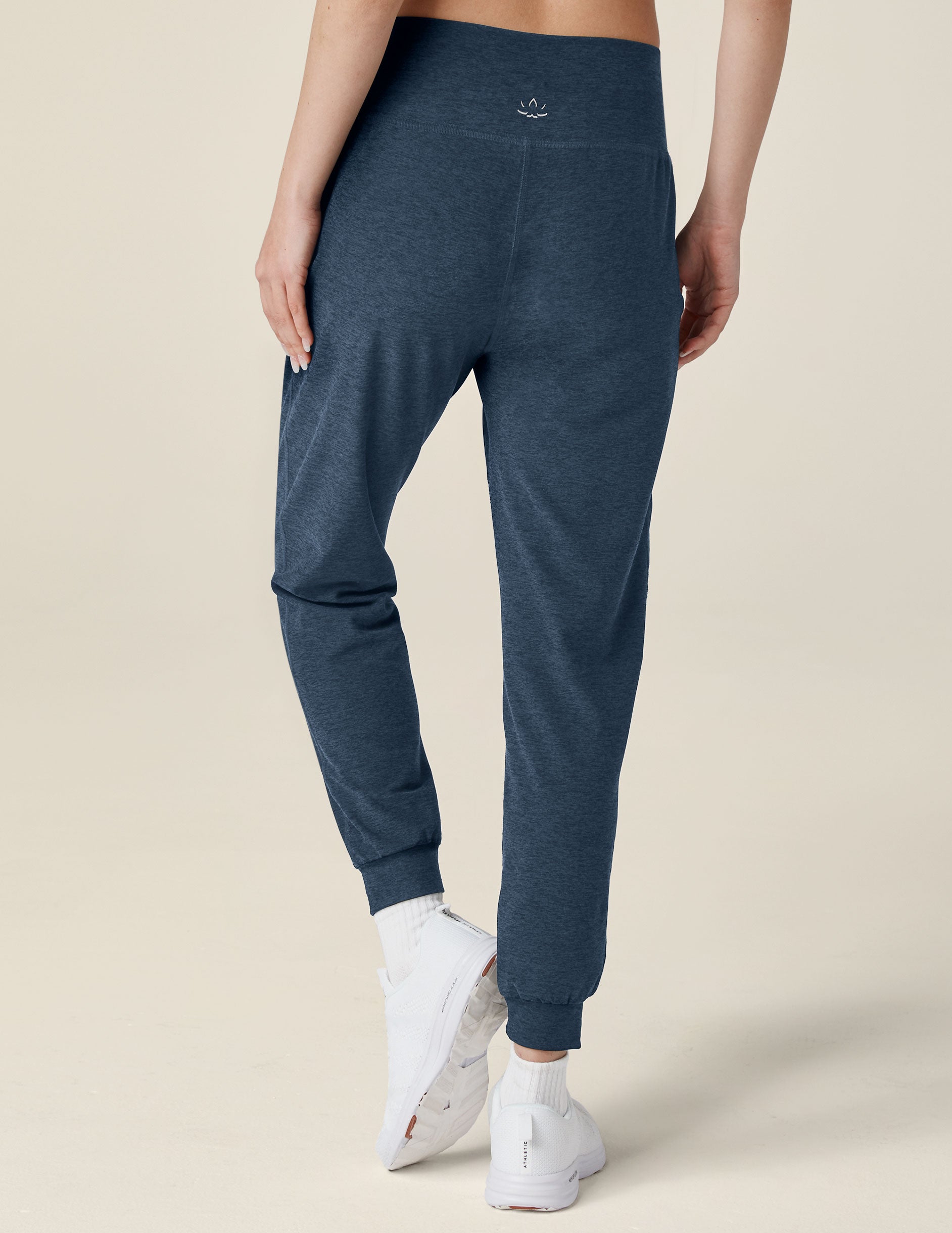 blue high-waisted jogger with pockets. 
