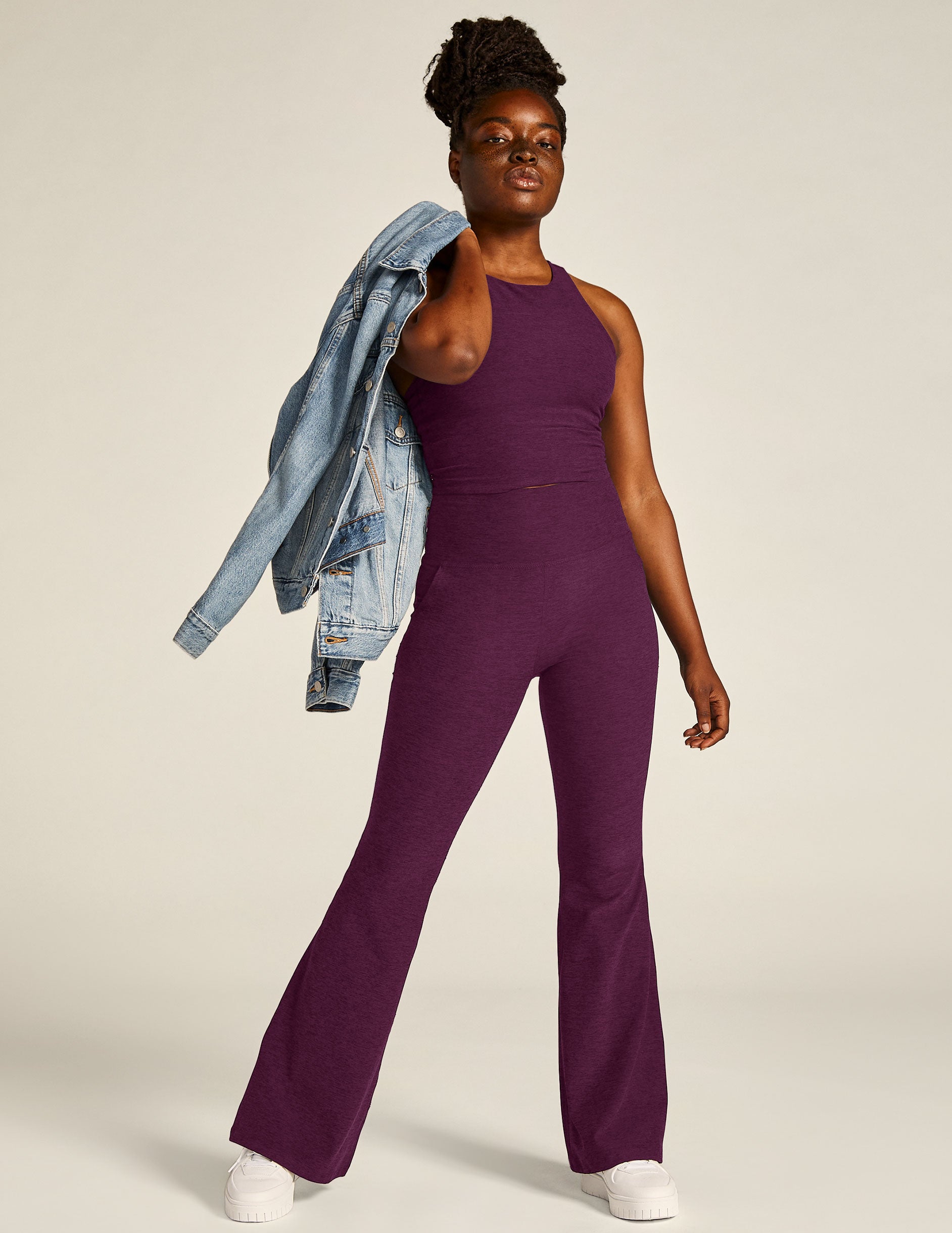 purple high-waisted pocket flare pants. 