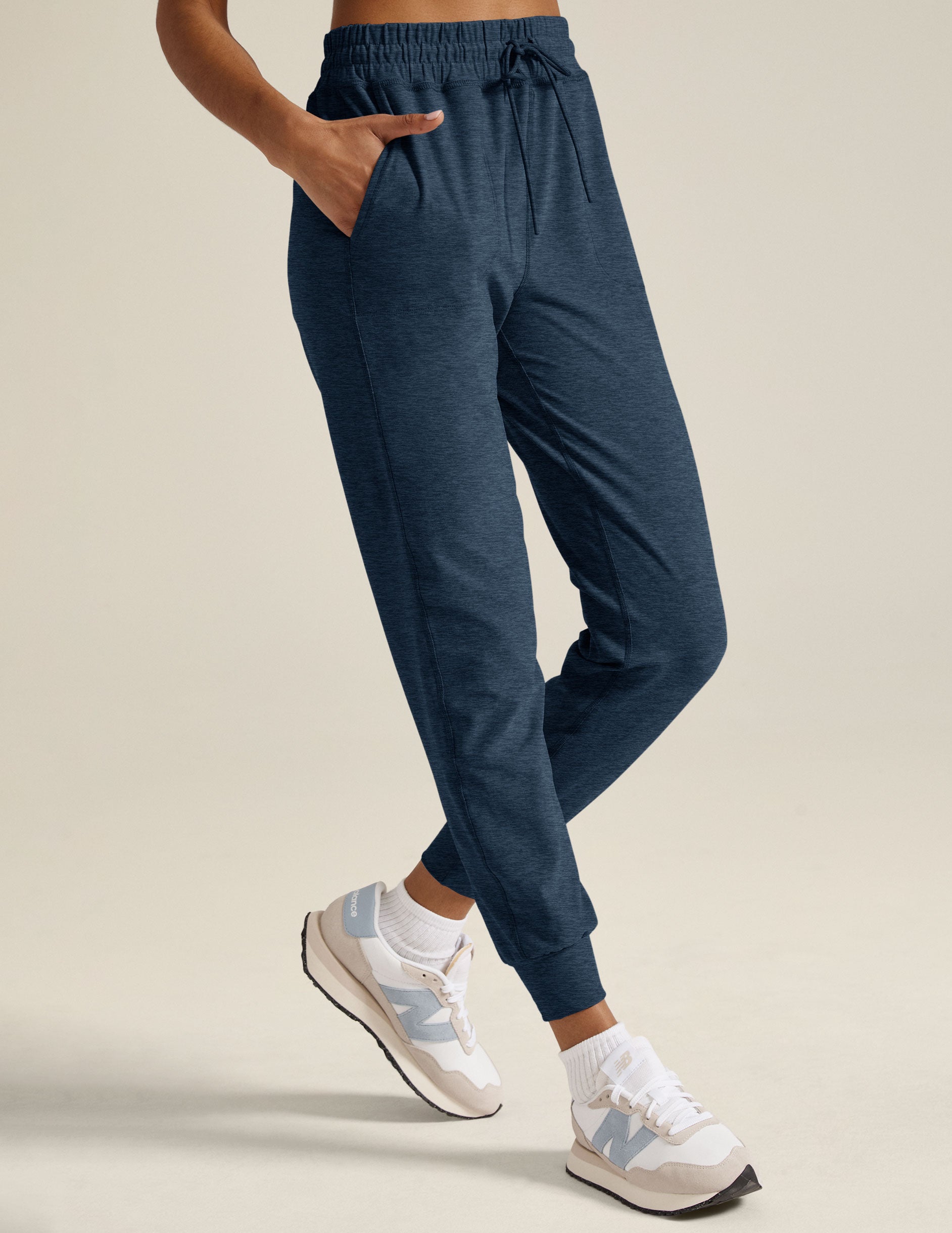 blue midi jogger with drawstring at waist