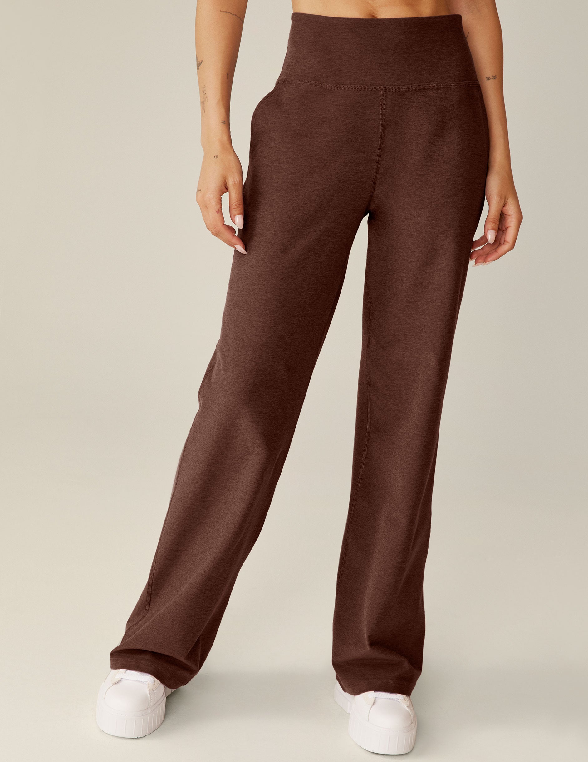 brown high-waisted wide leg pants with pockets.