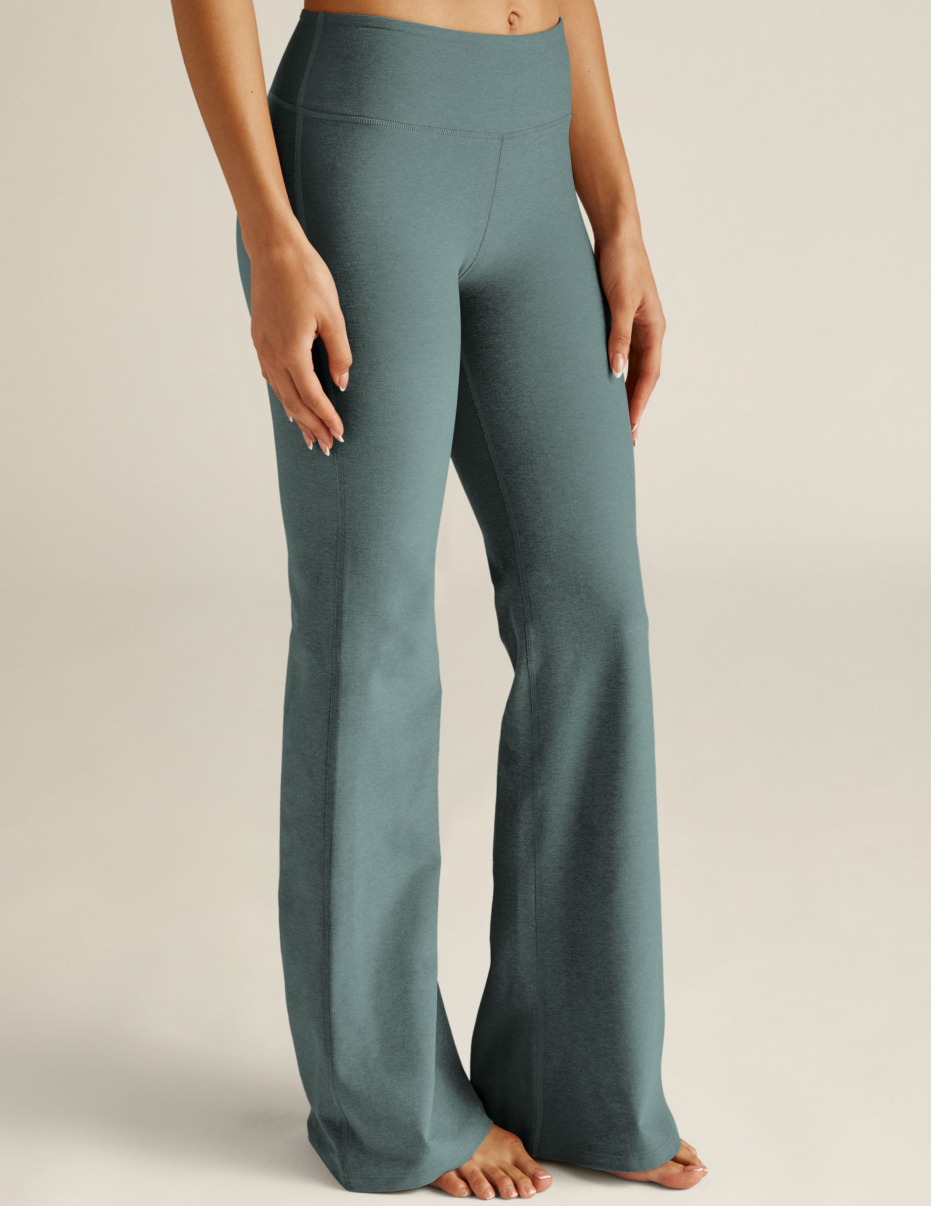blue low rise flare athleisure pants. 