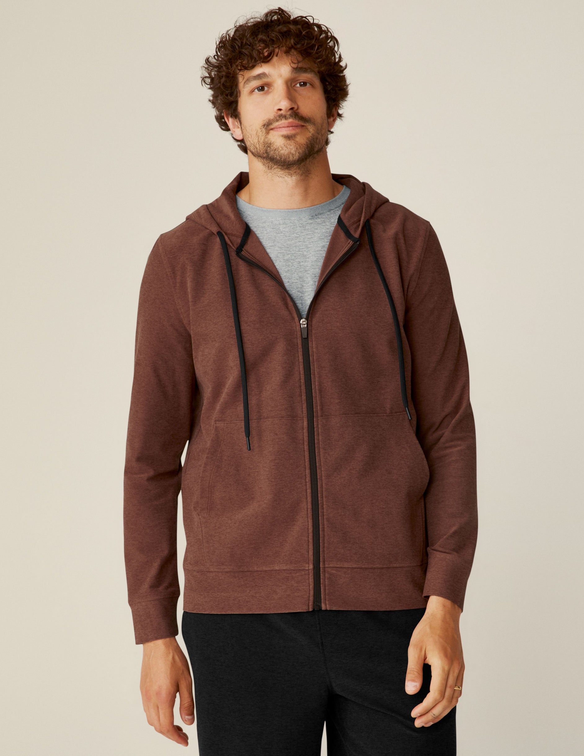 brown men's zip-up hoodie.