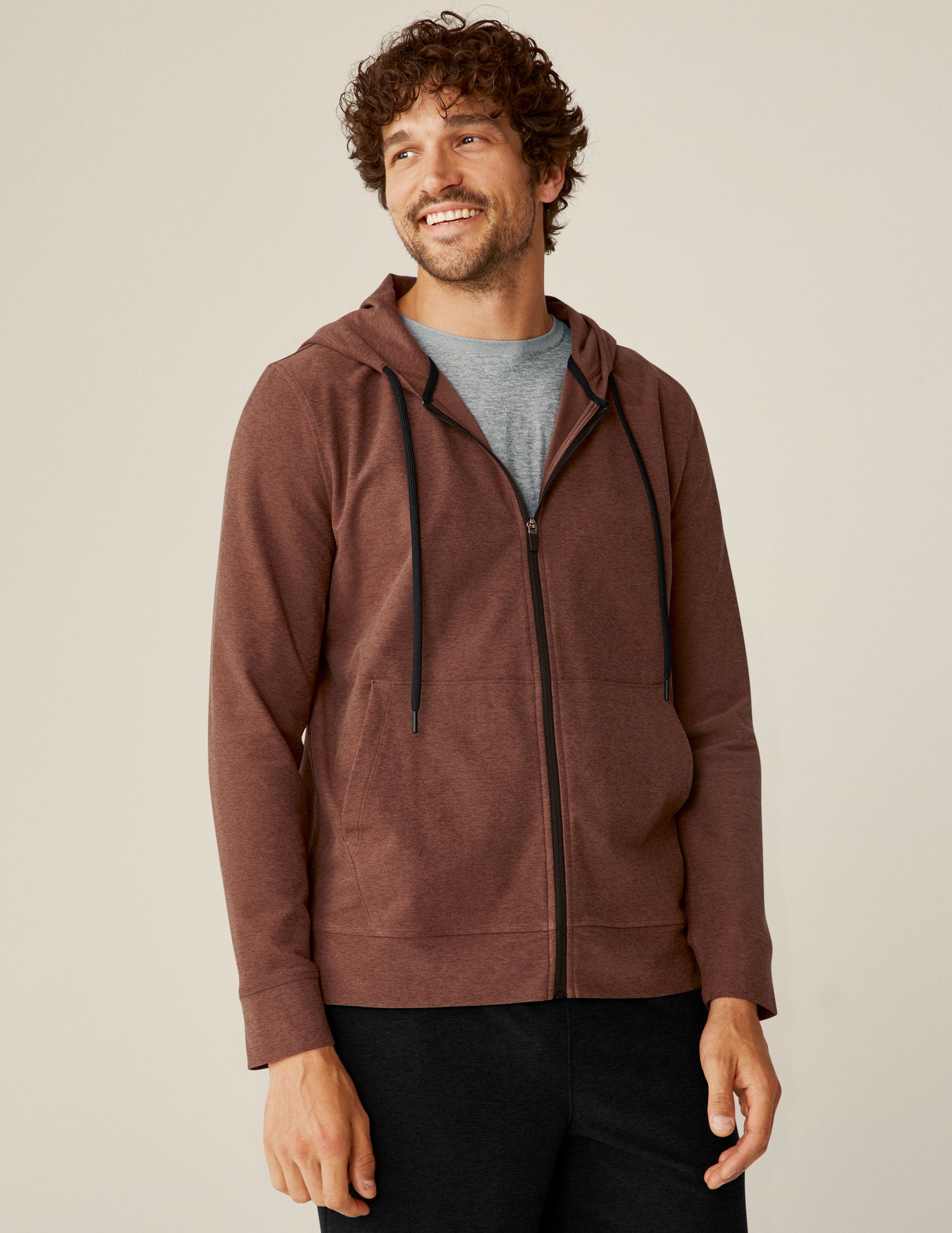 brown men's zip-up hoodie.