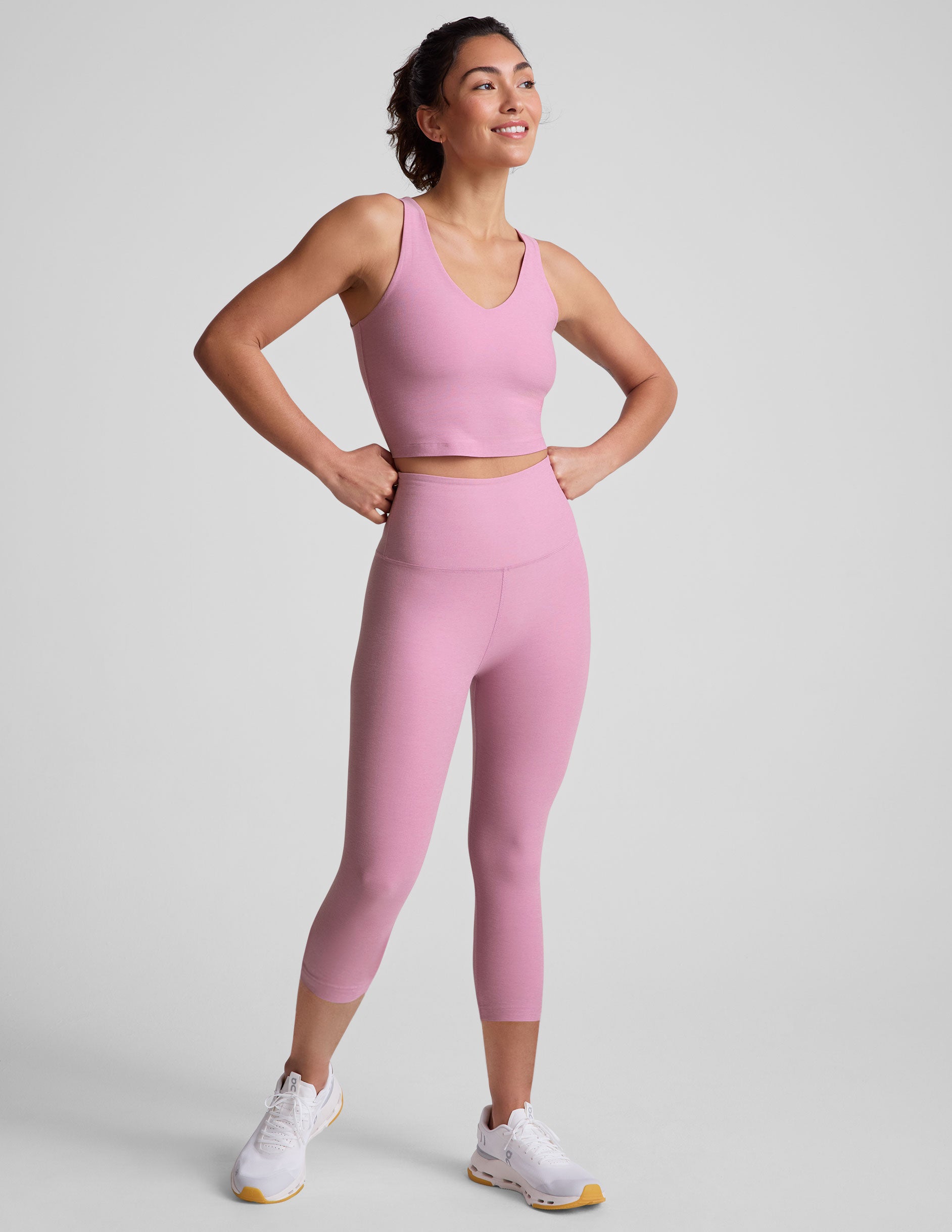 pink capri length leggings.