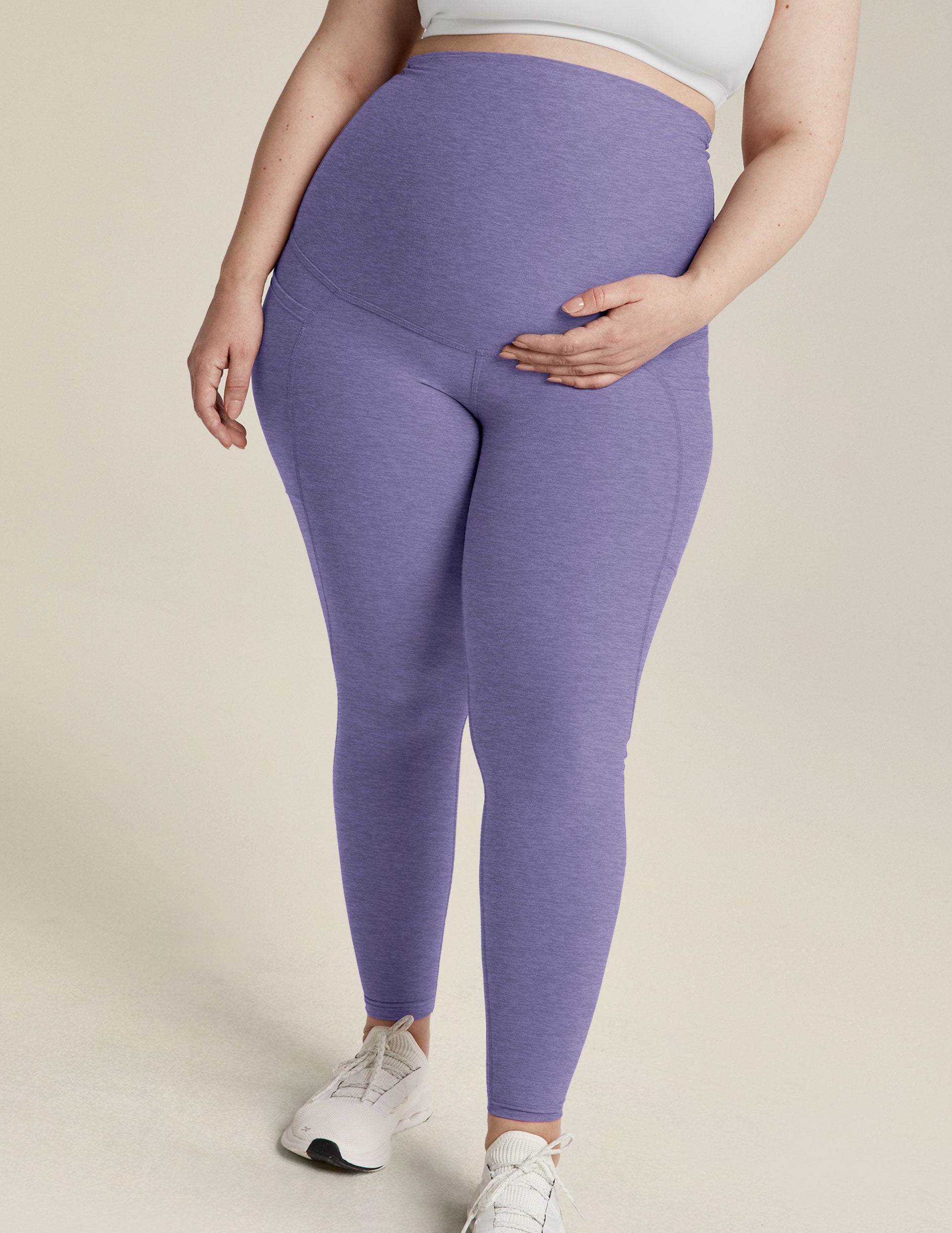 purple maternity midi leggings with pockets. 