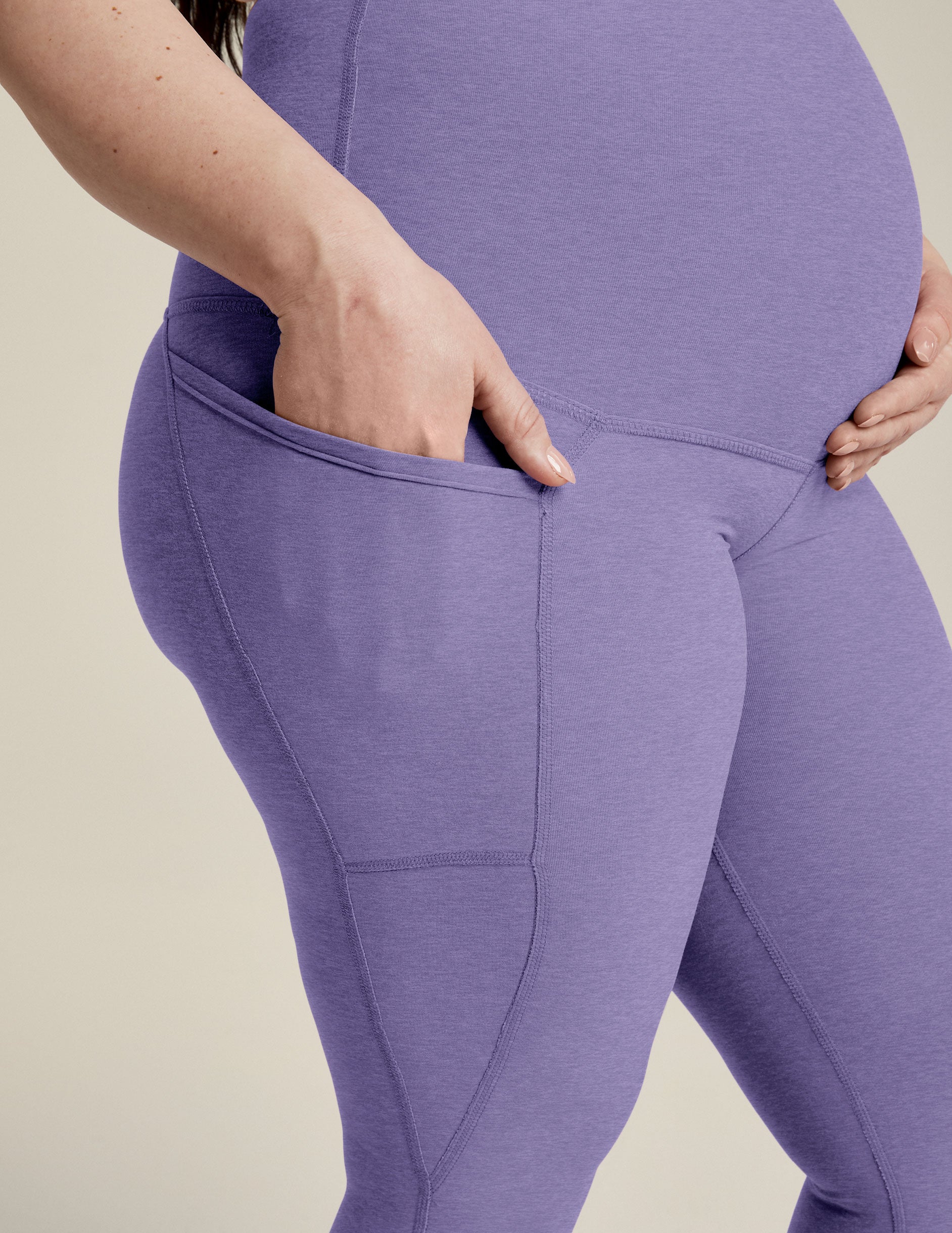 purple maternity midi leggings with pockets. 