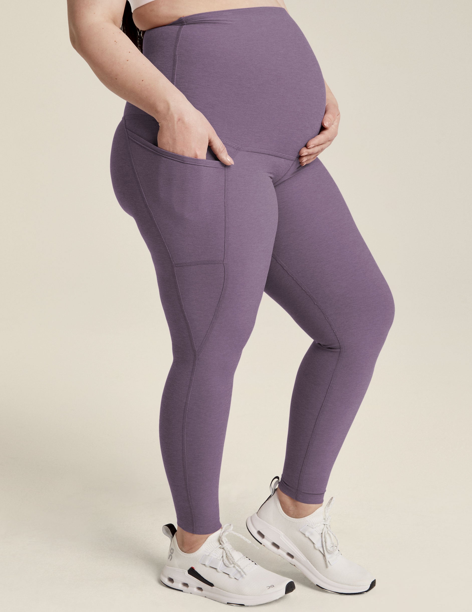 purple maternity midi leggings with side pockets. 