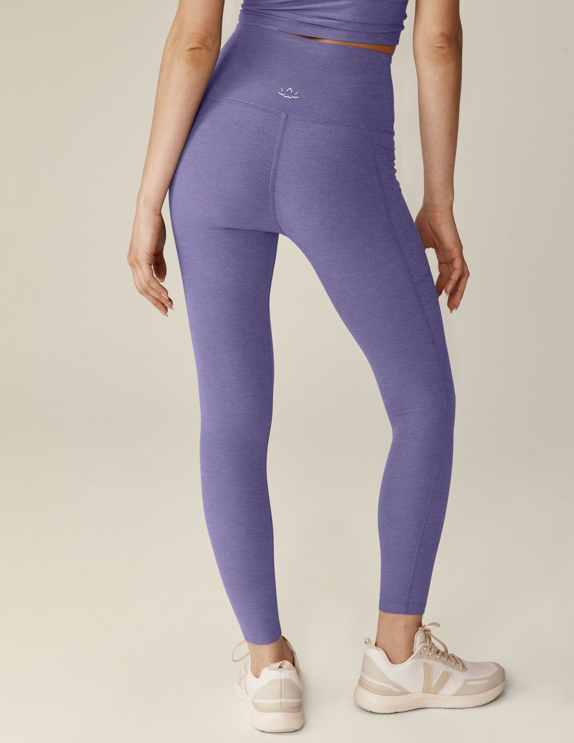 purple high-waisted midi spacedye leggings with pockets. 