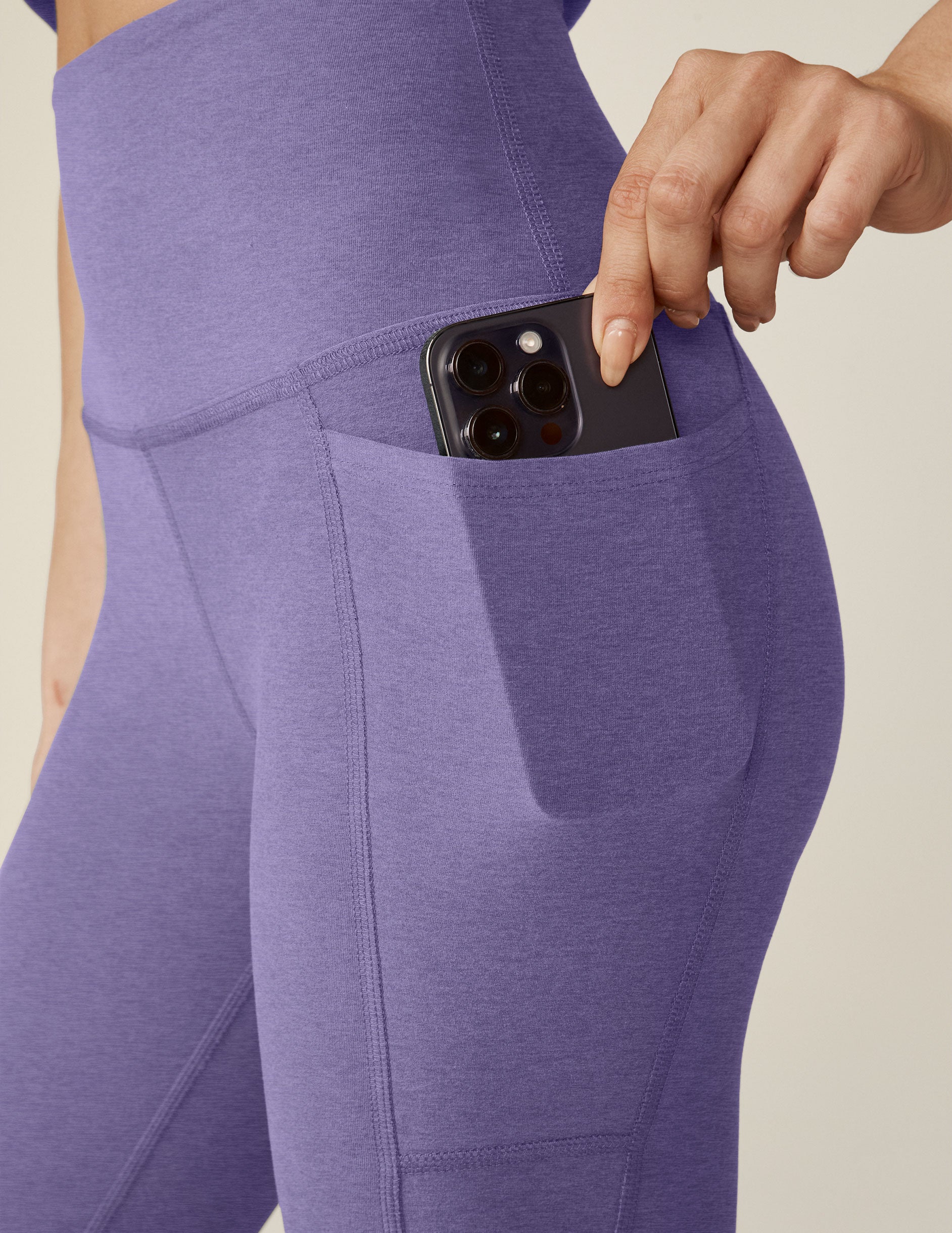 purple high-waisted midi spacedye leggings with pockets. 