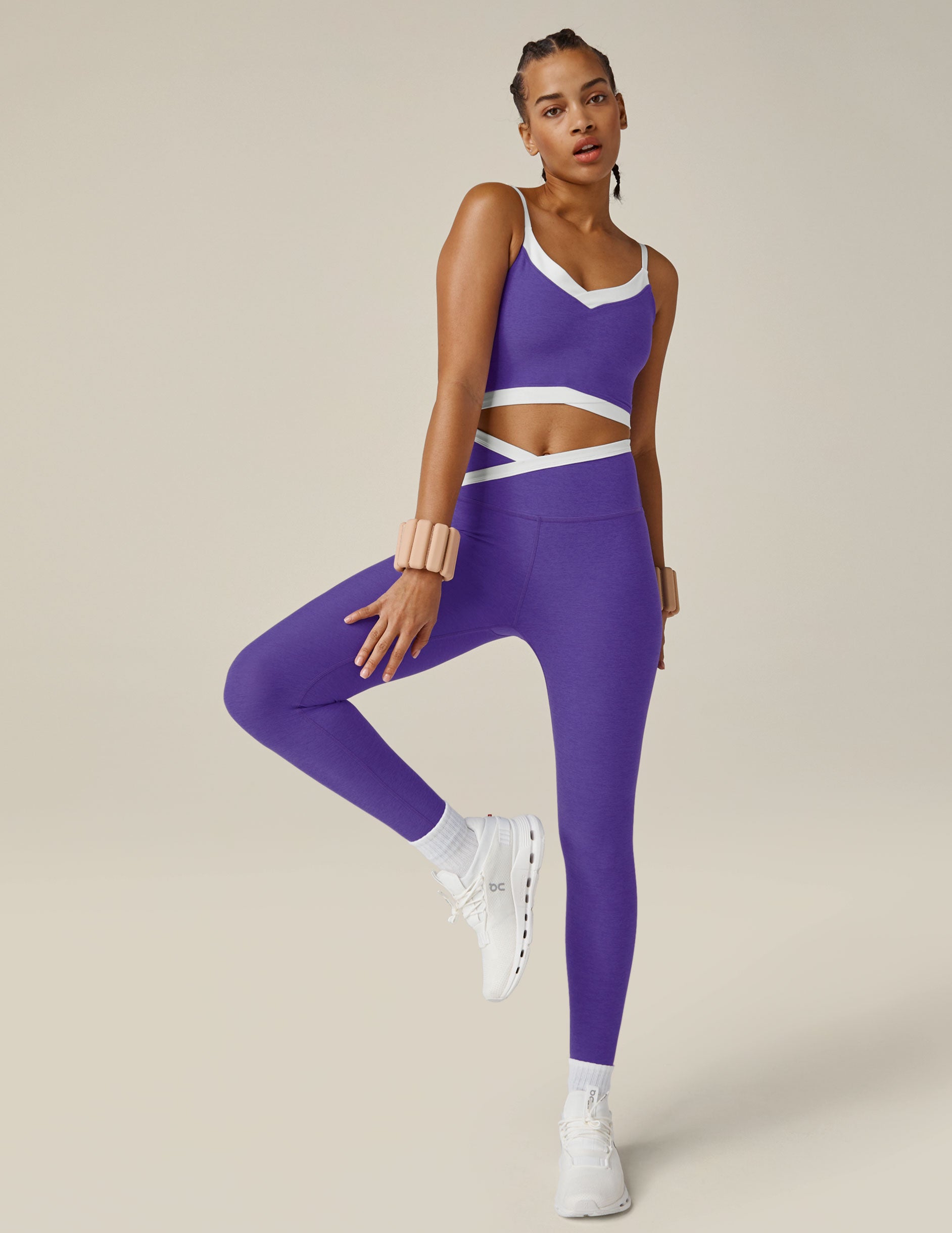 purple and white outline midi legging with criss cross fron