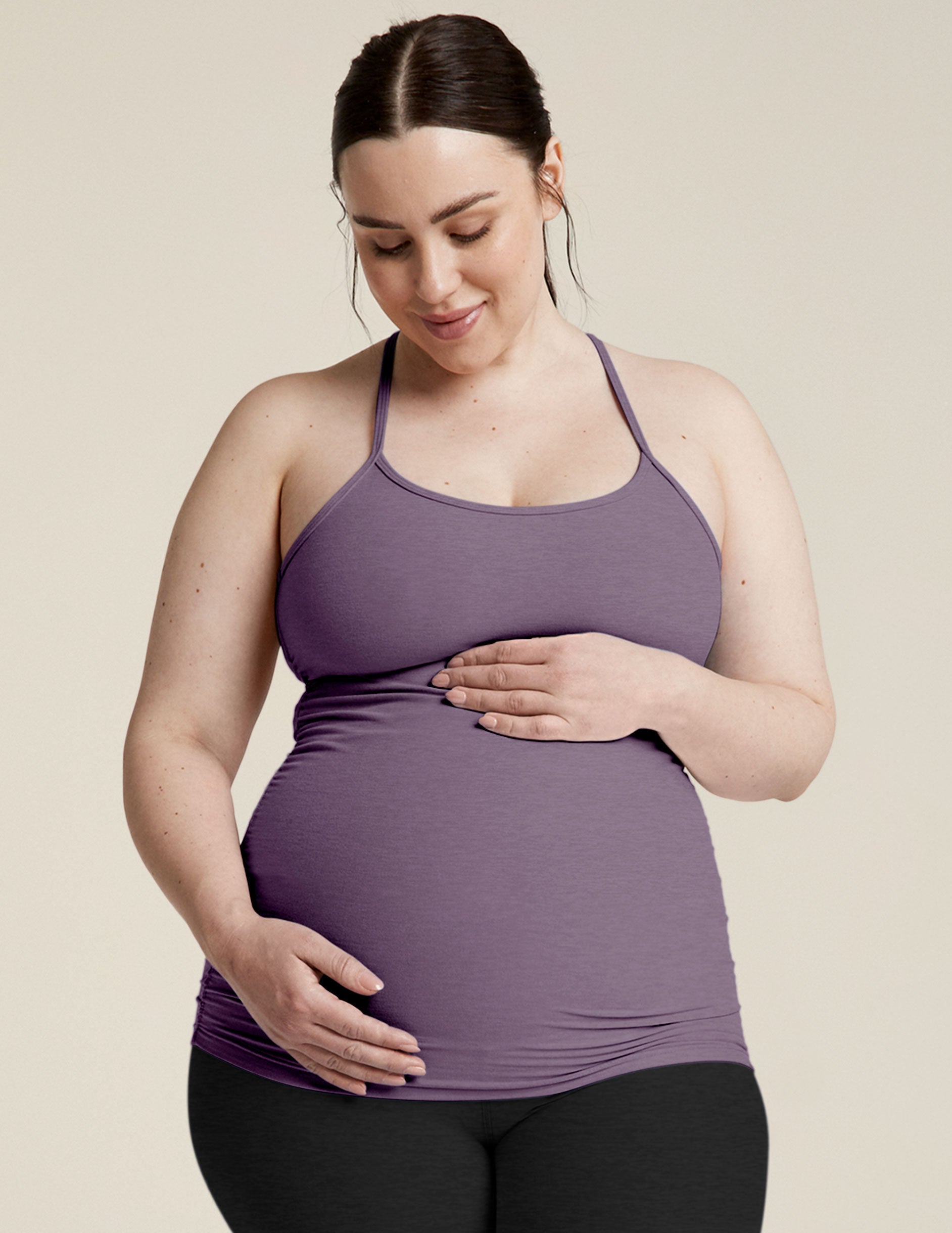 purple maternity slim strap racerback tank top. 