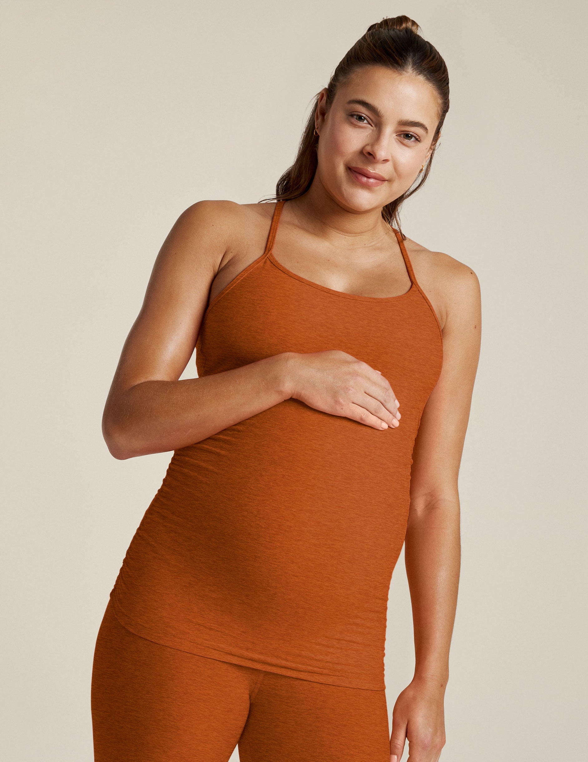 brown maternity racerback slim strapped tank top.