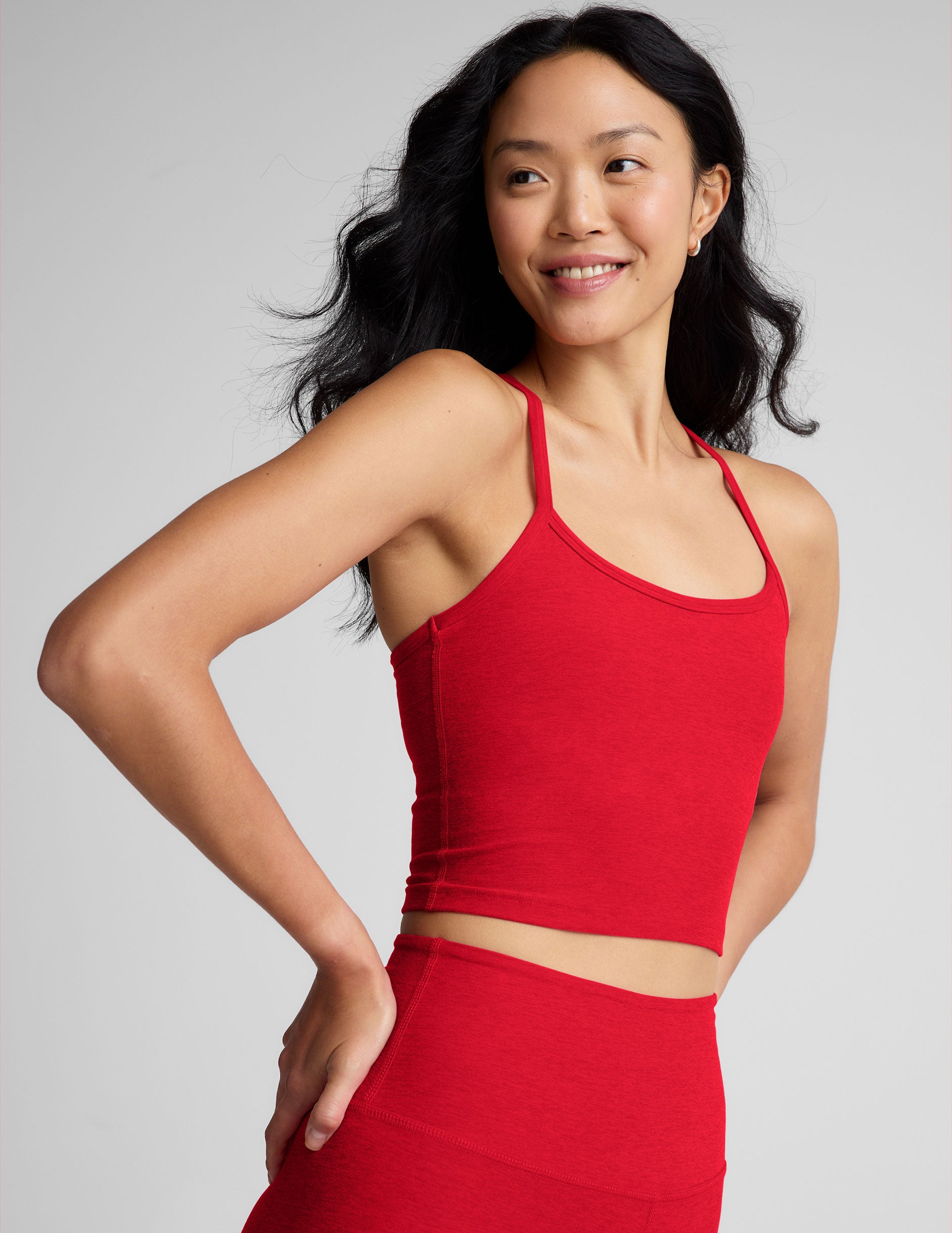 red slim strapped racerback cropped tank top.