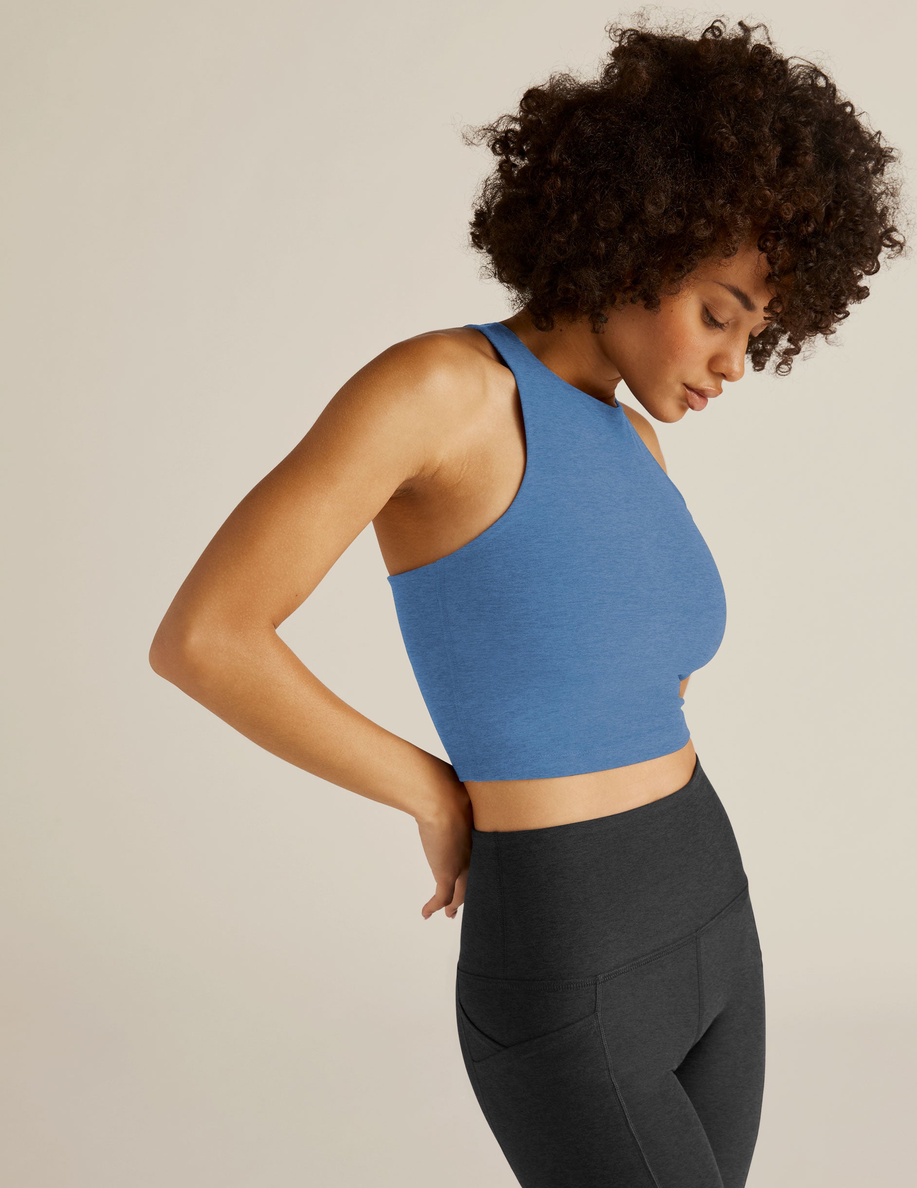 blue high-neck racerback cropped tank. 