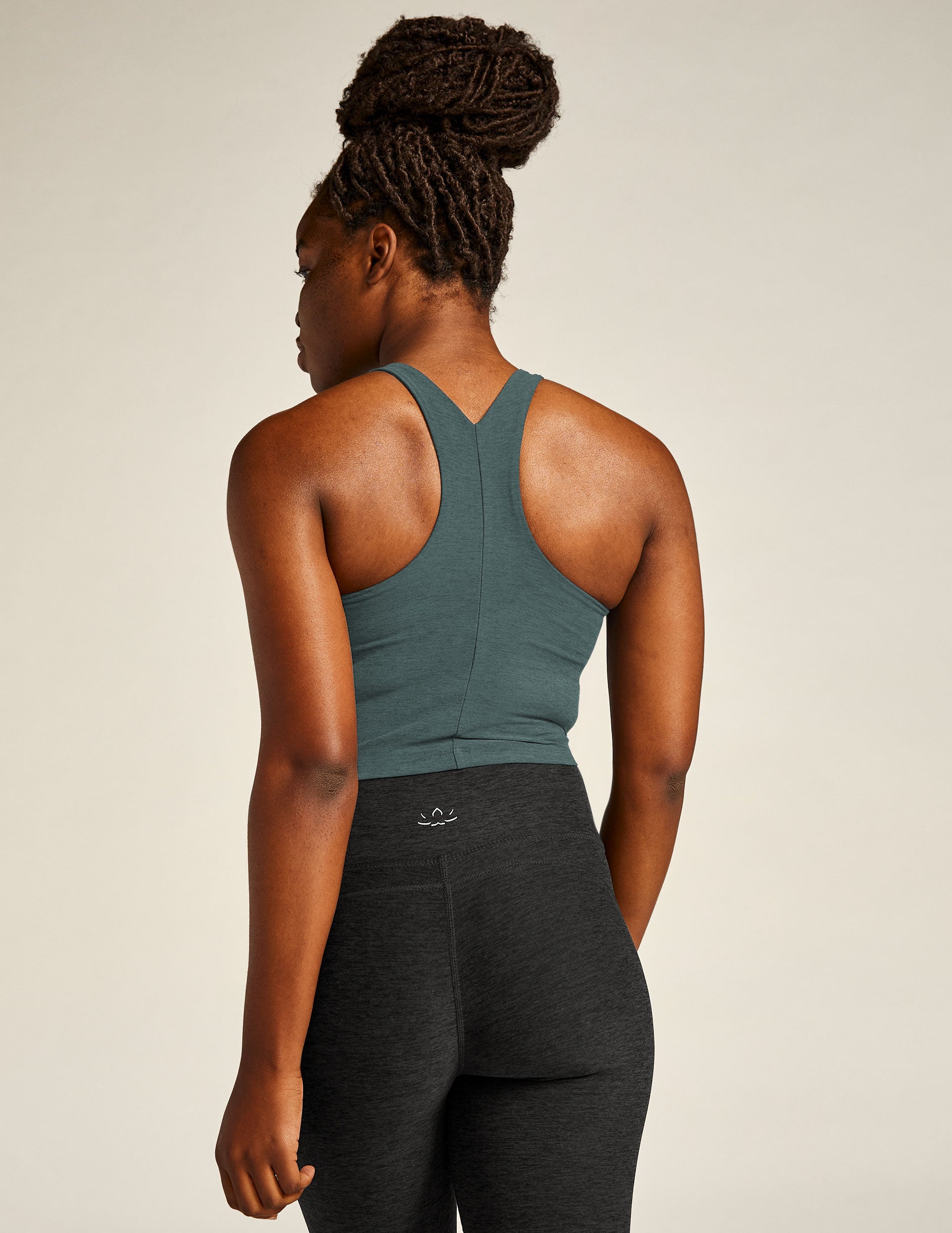 blue high-neck racerback cropped tank top. 