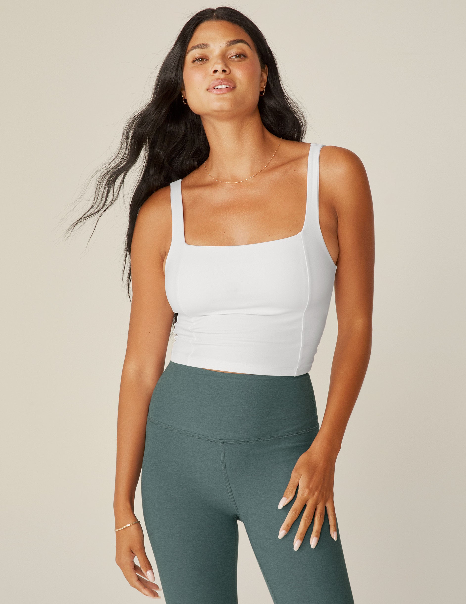 white square neck cropped tank with seams on the sides. 