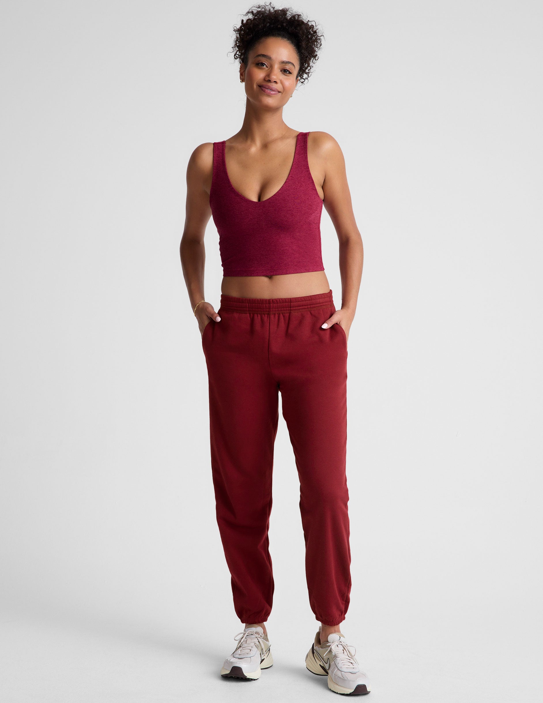 red v-neck cropped tank top.