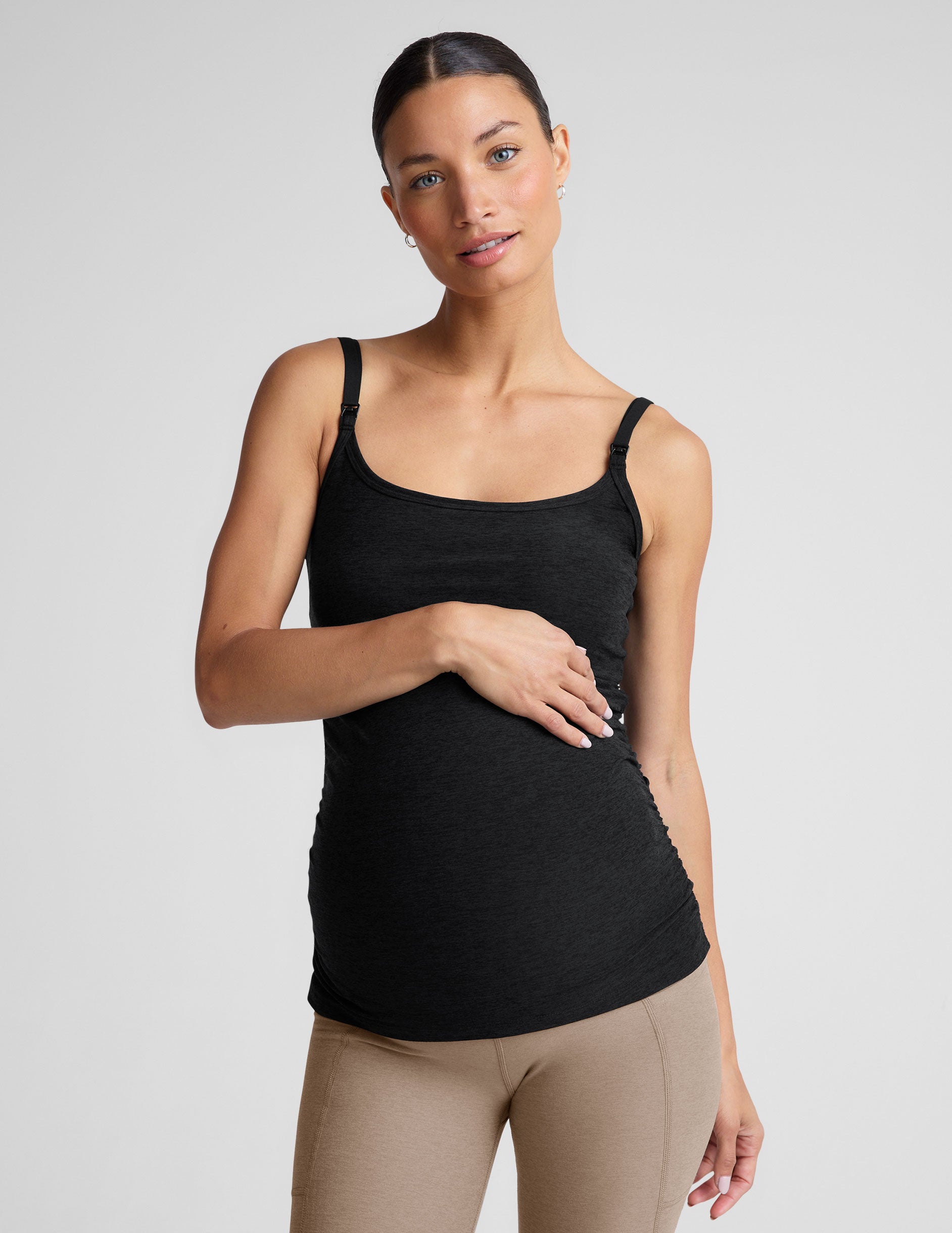 black nursing tank with adjustable straps.