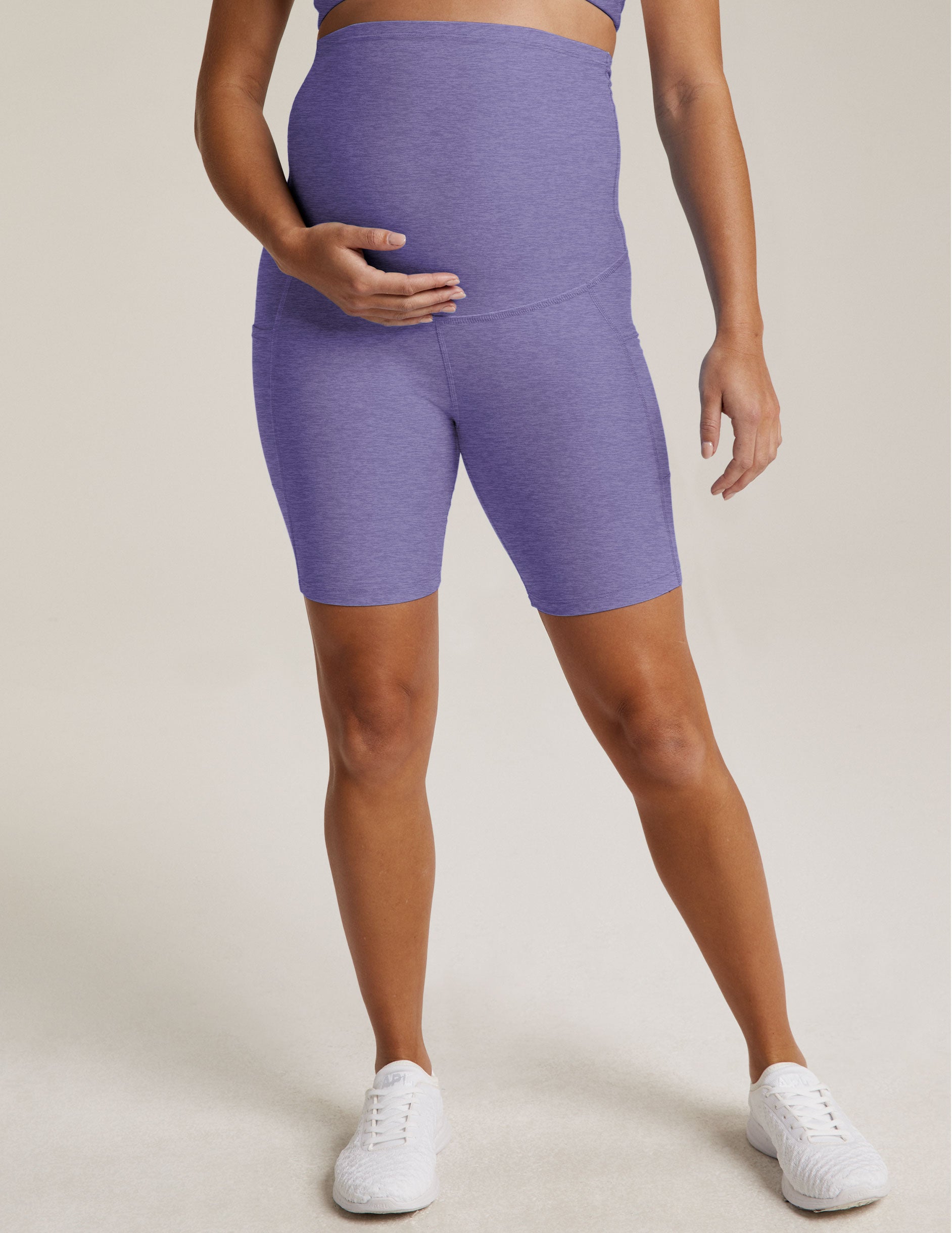 purple maternity biker short with pockets.