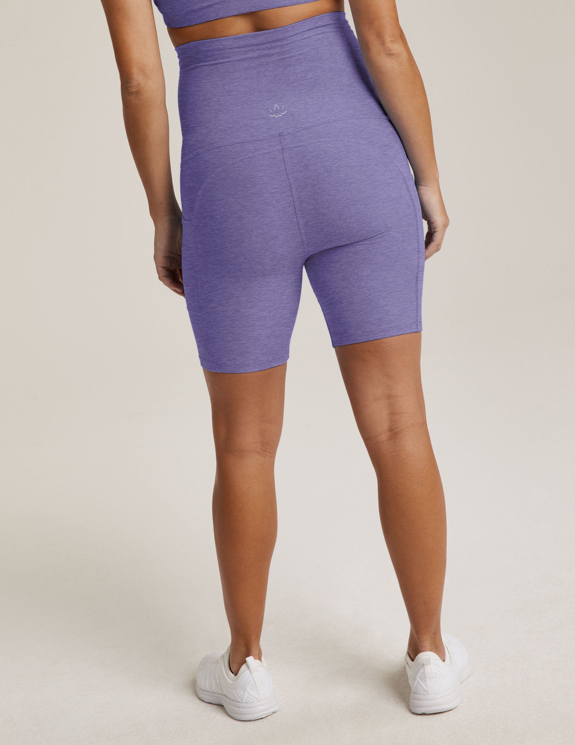 purple maternity biker short with pockets.