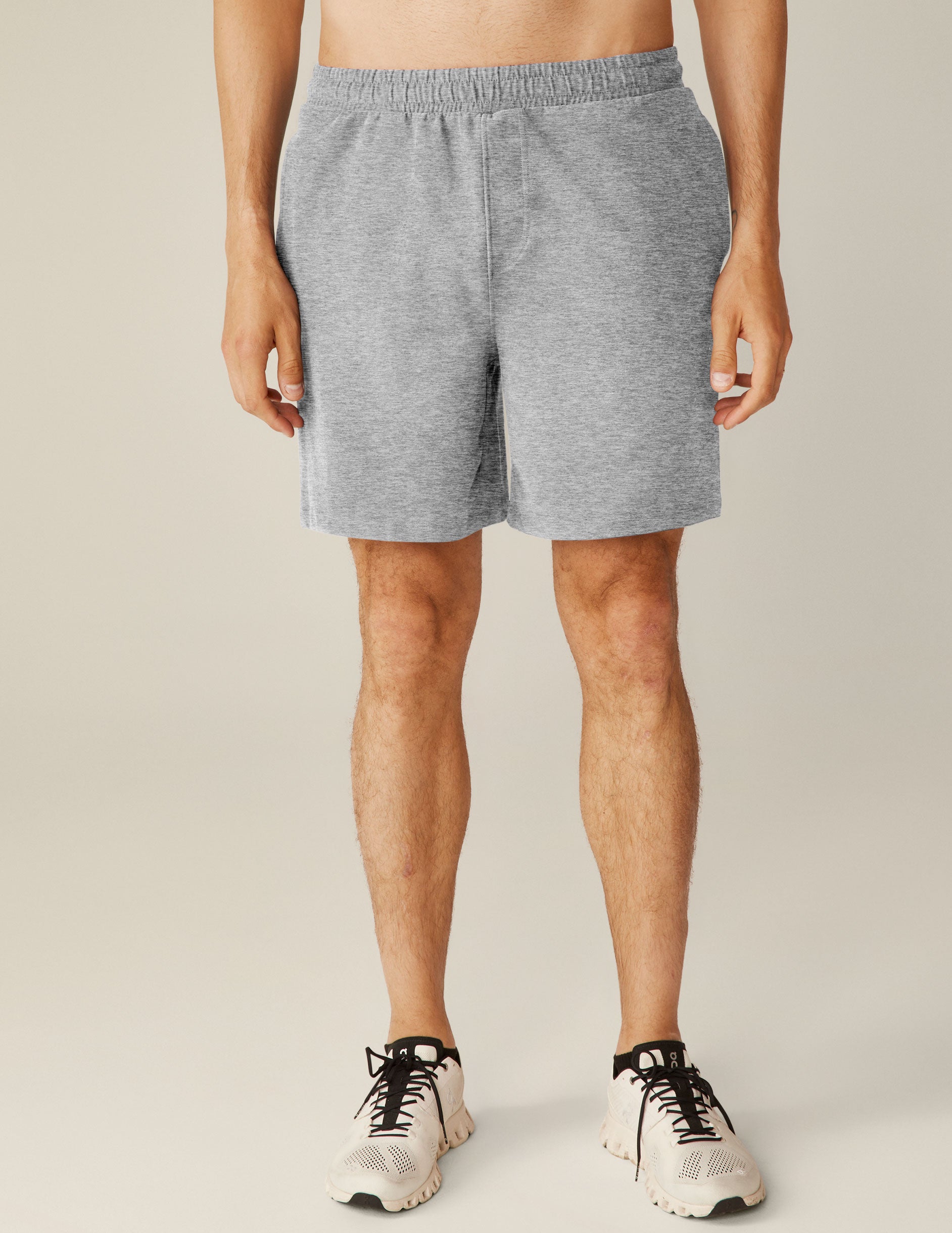 gray men's relaxed fit athleisure shorts with pockets. 