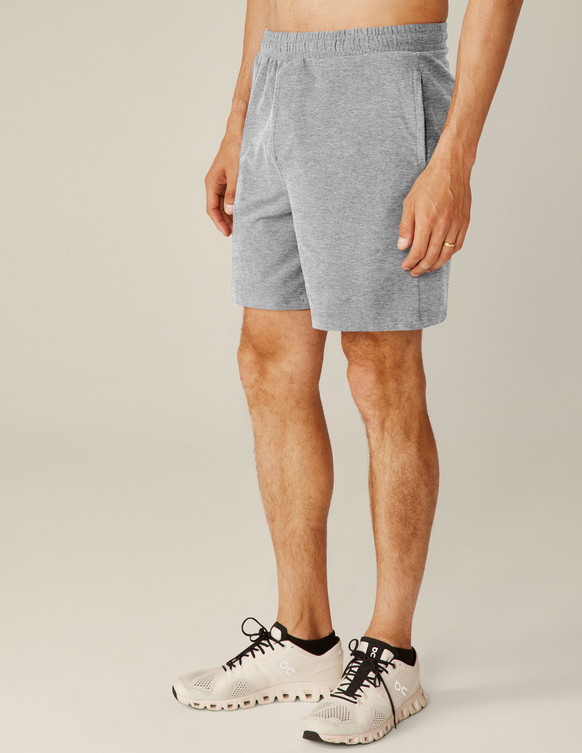 gray men's relaxed fit athleisure shorts with pockets. 