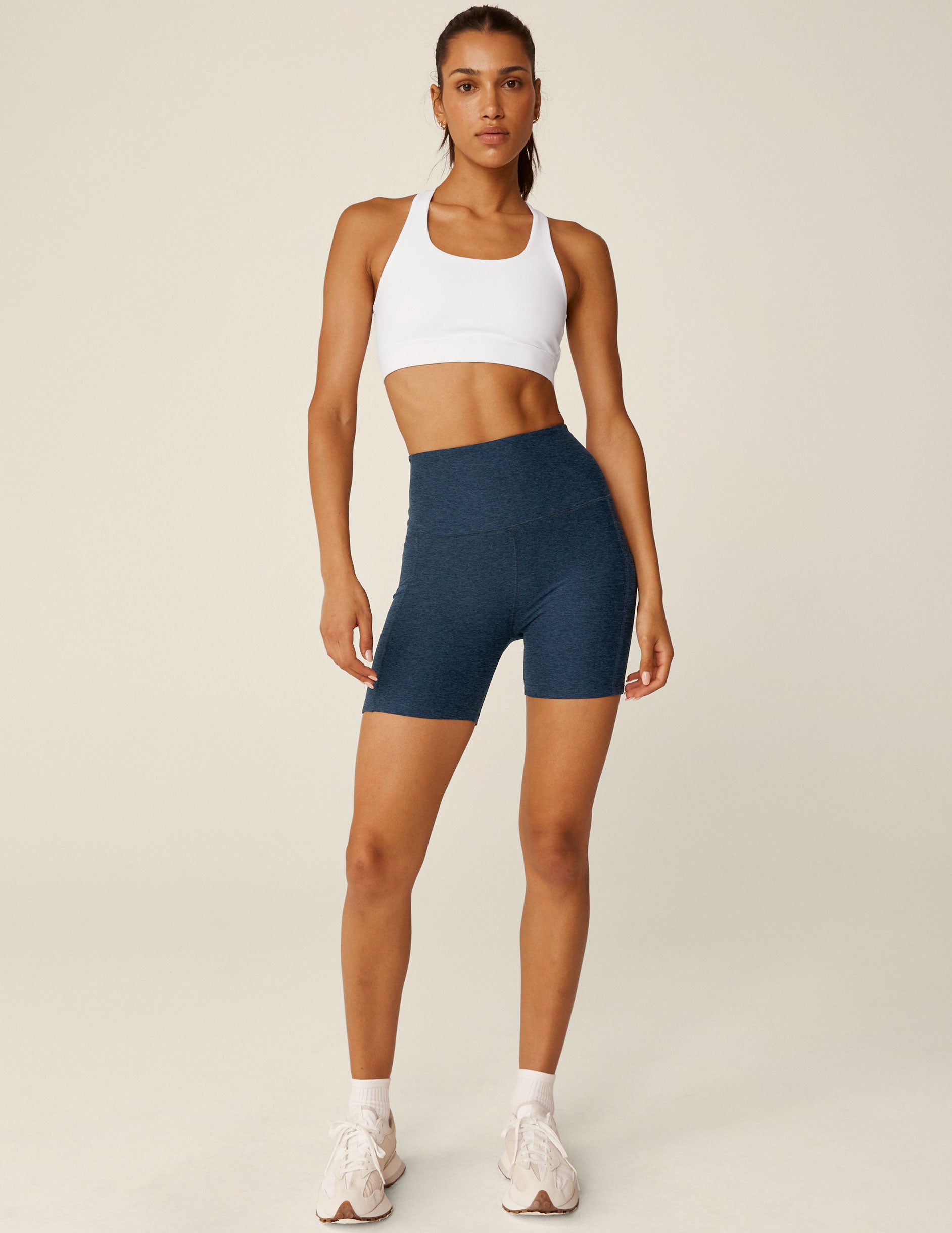 blue high-waisted 5" biker shorts. 