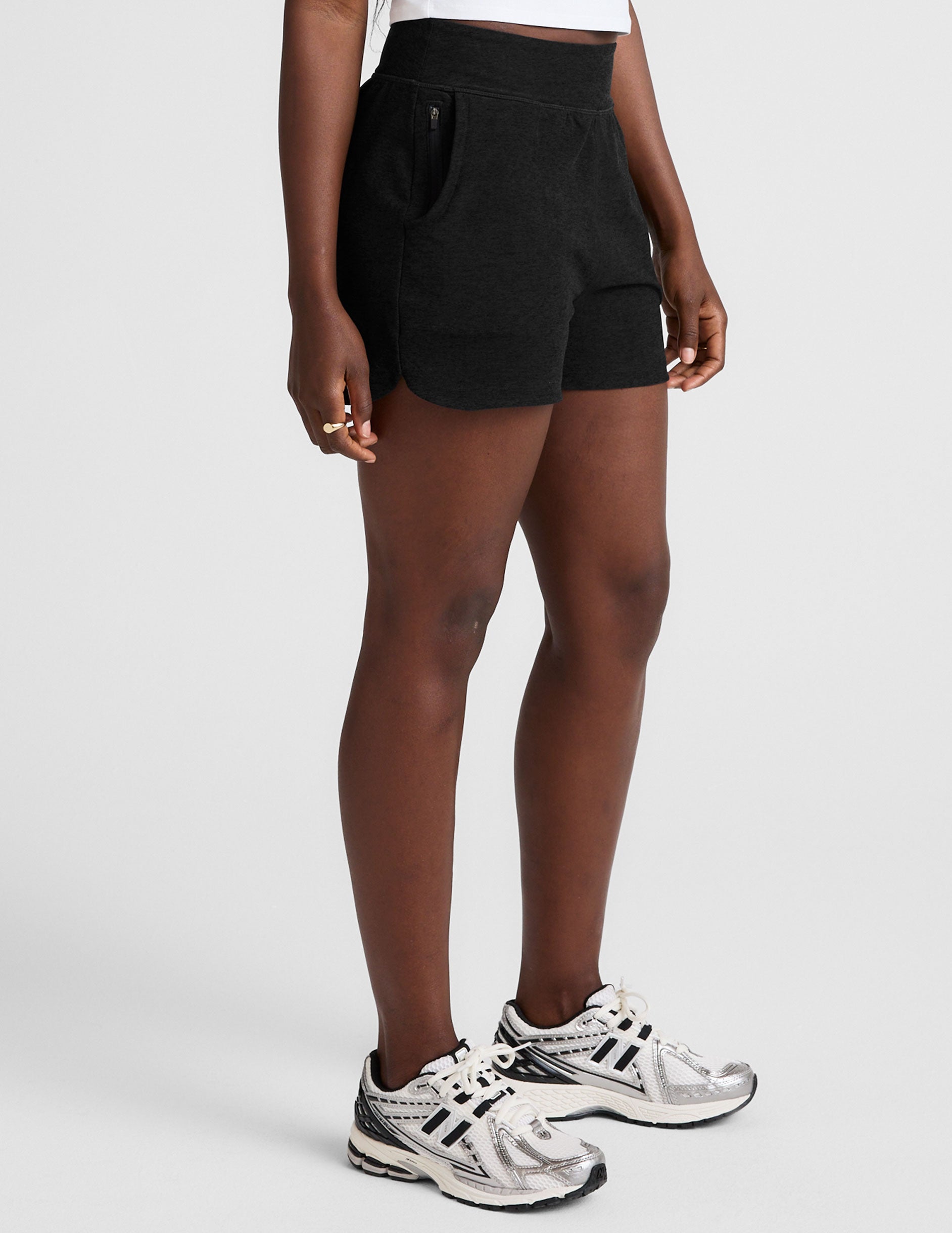 black 3" inseam shorts with pockets.