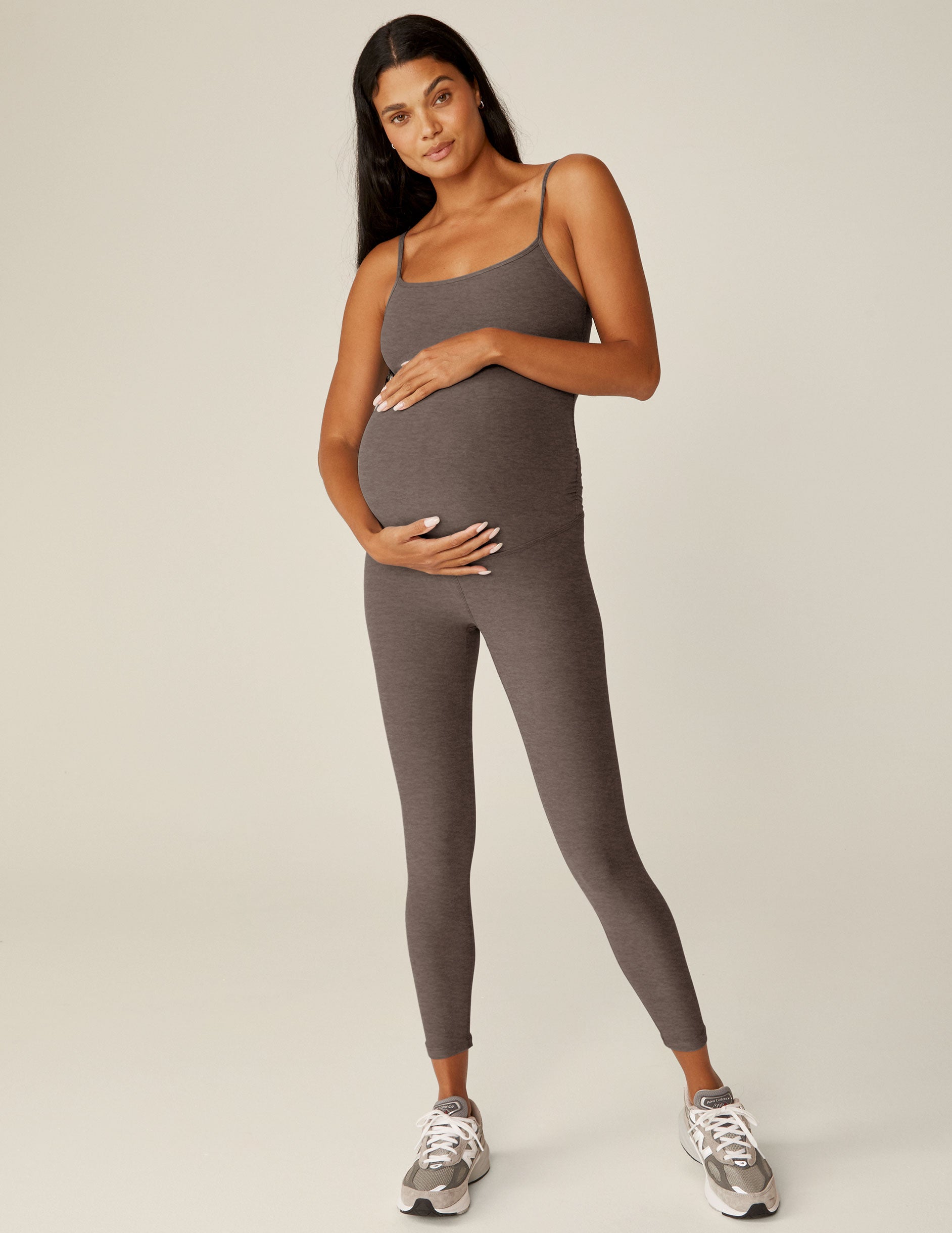 brown slim strapped midi jumpsuit.