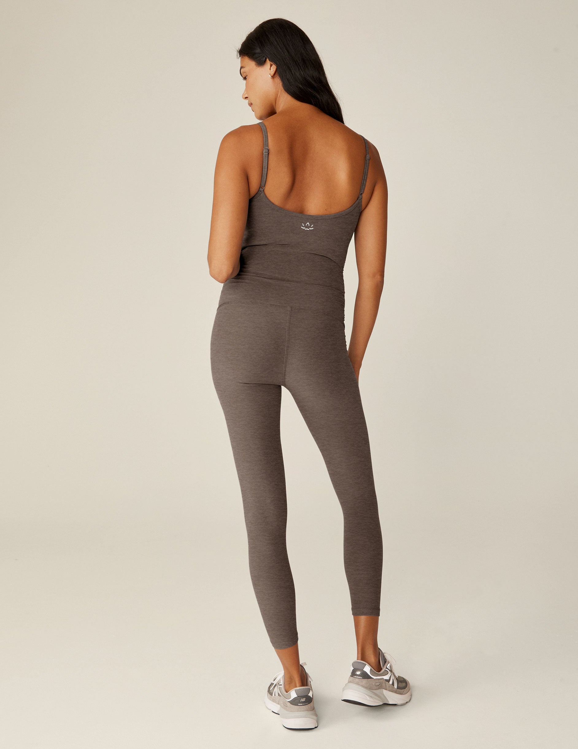 brown slim strapped midi jumpsuit.