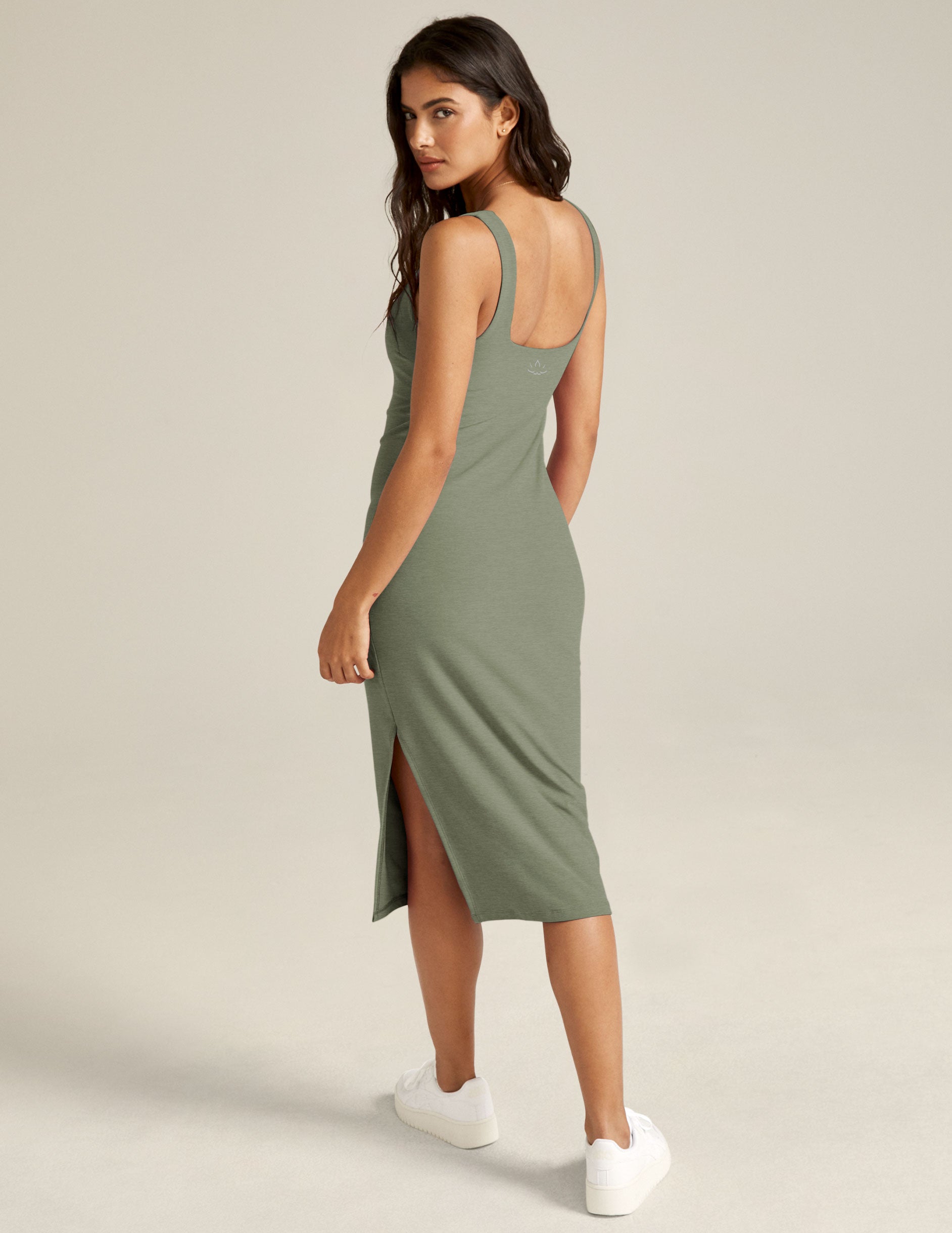 green midi length dress with side slit