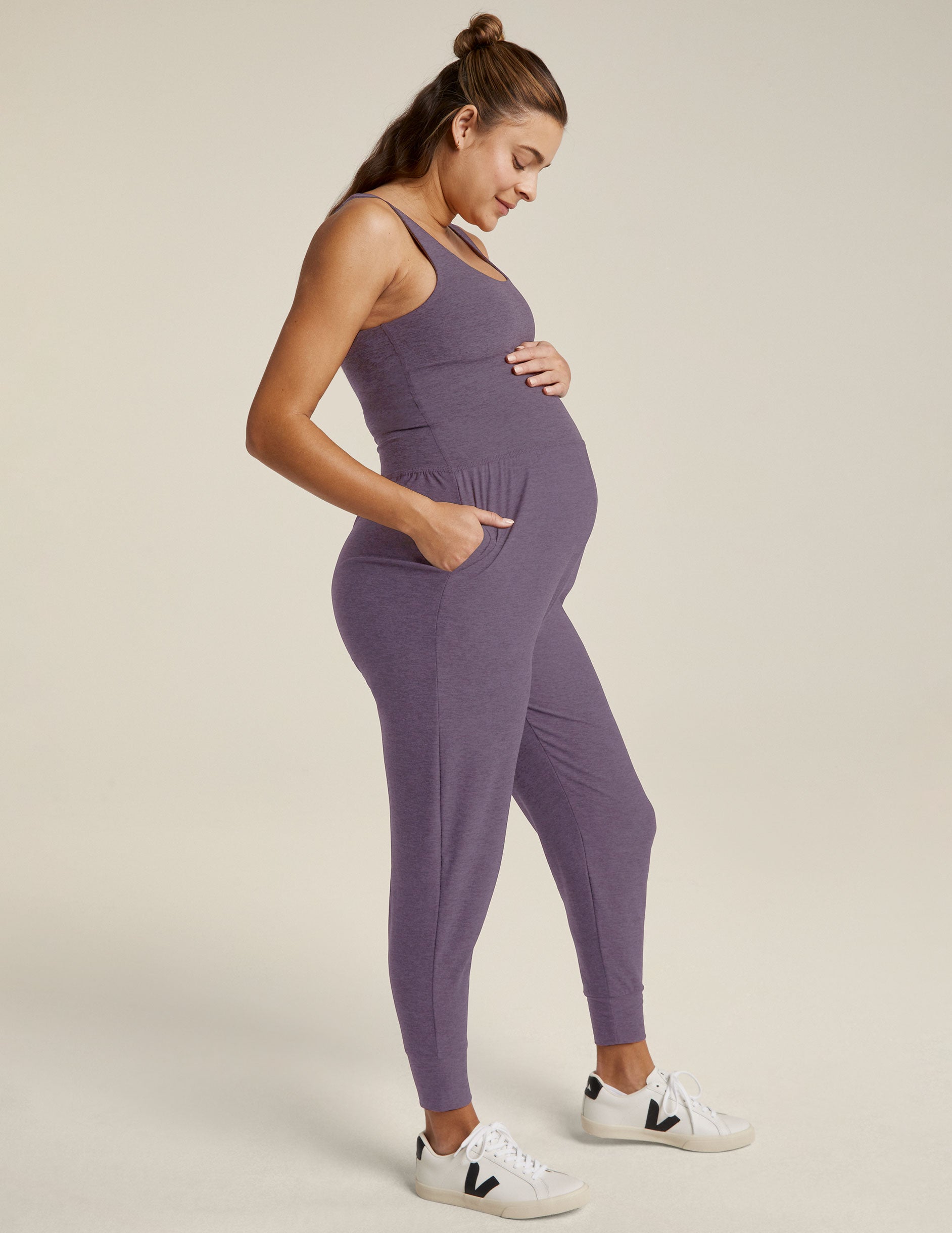 purple maternity spacedye jogger style jumpsuit with tank top straps. 