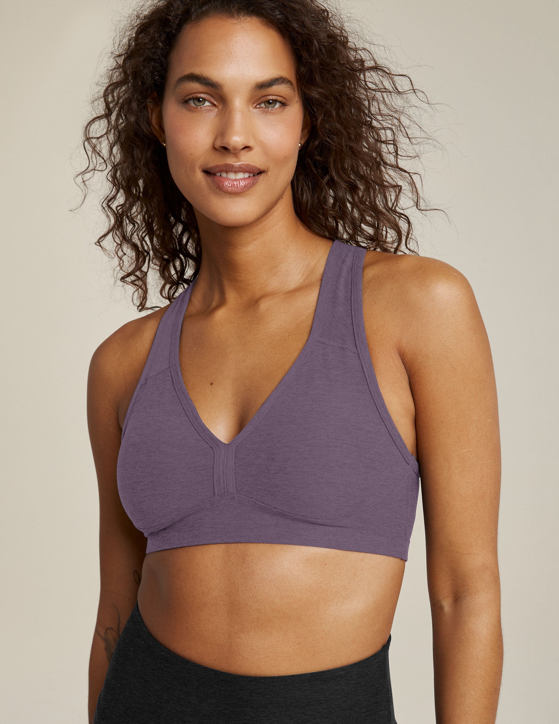 purple v-neck racerback sports bra with removeable pads. 