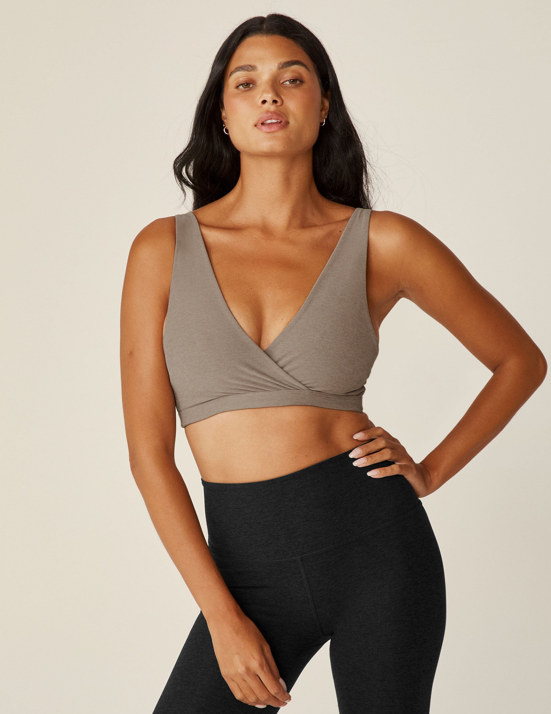 brown crossover v-neck nursing bra. 