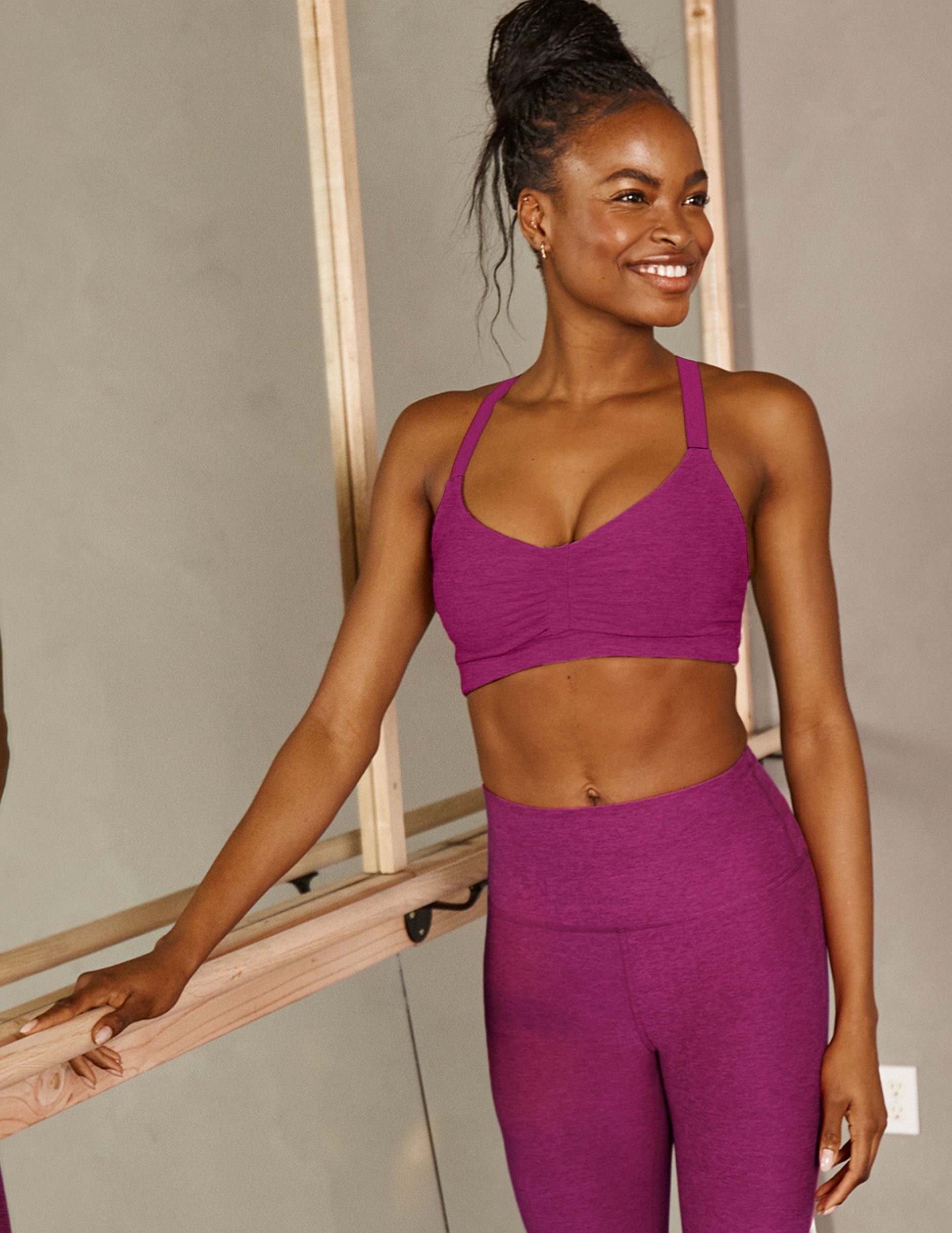 purple bra top with shirring at center panel
