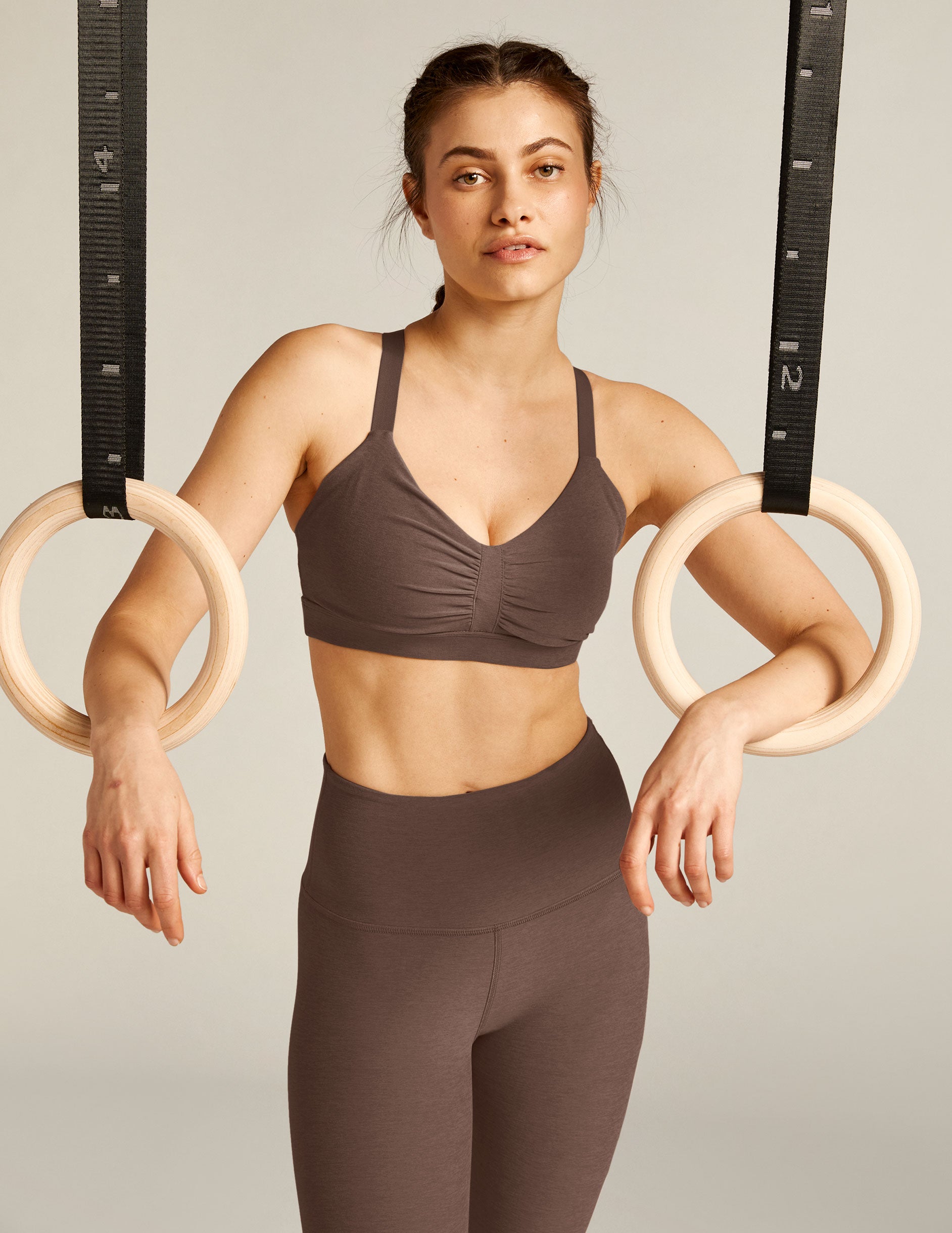 brown bra top with a shirring at center panel. 