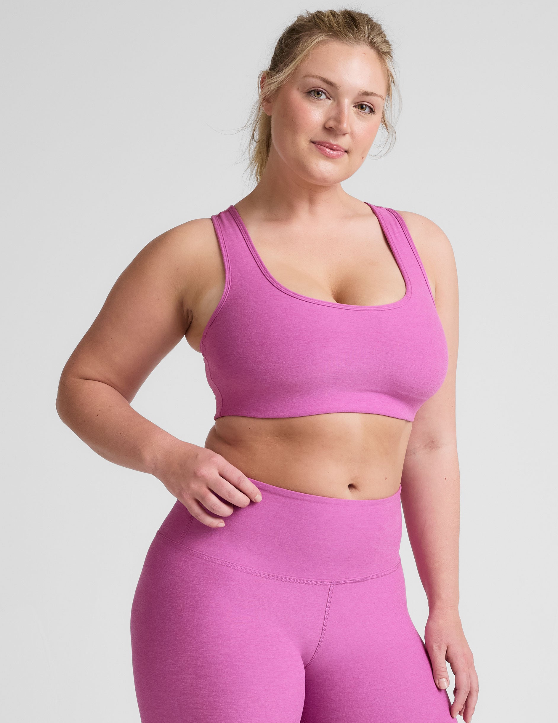 pink medium support racerback bra with a 2" hemband.