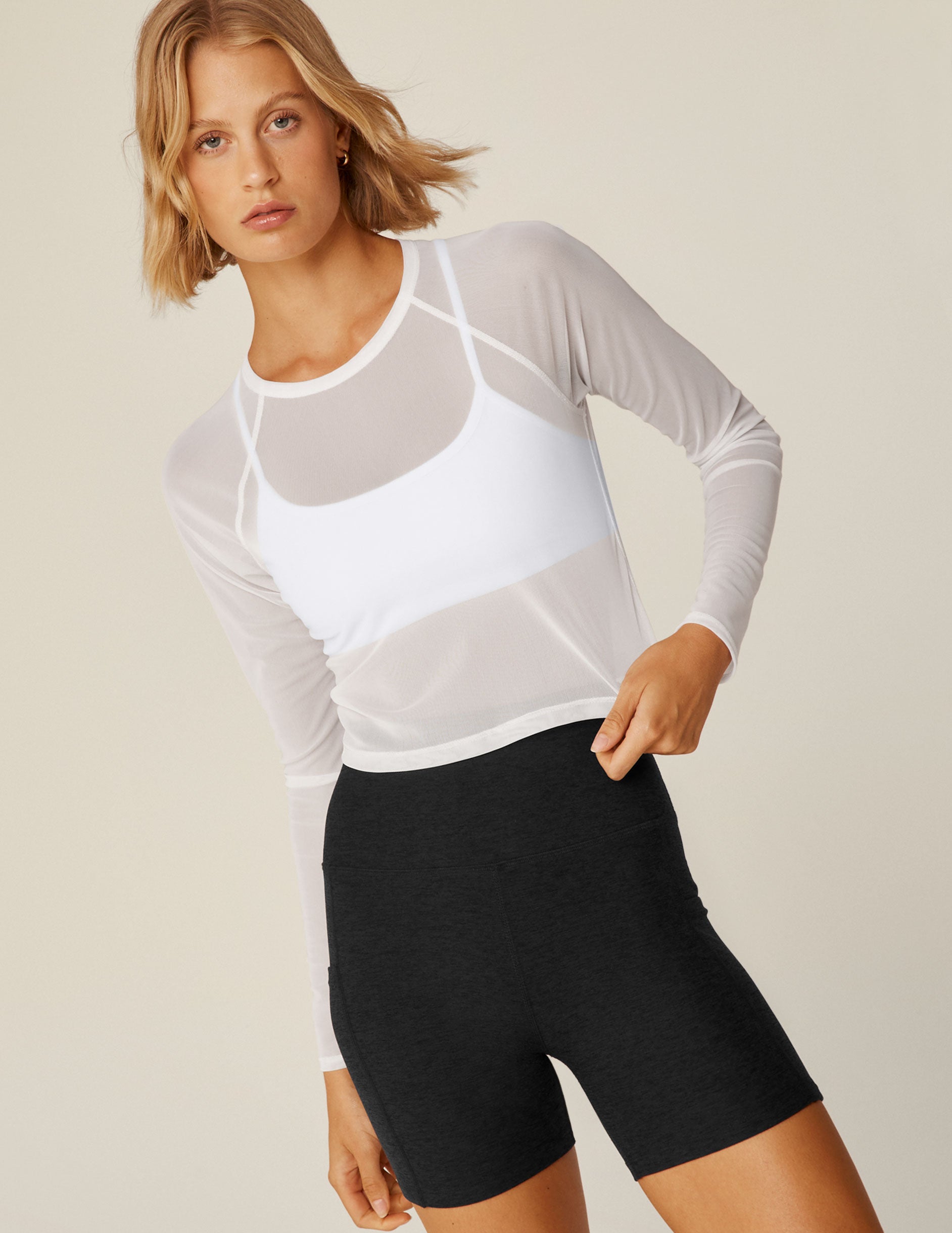 white long sleeve mesh cropped top. 