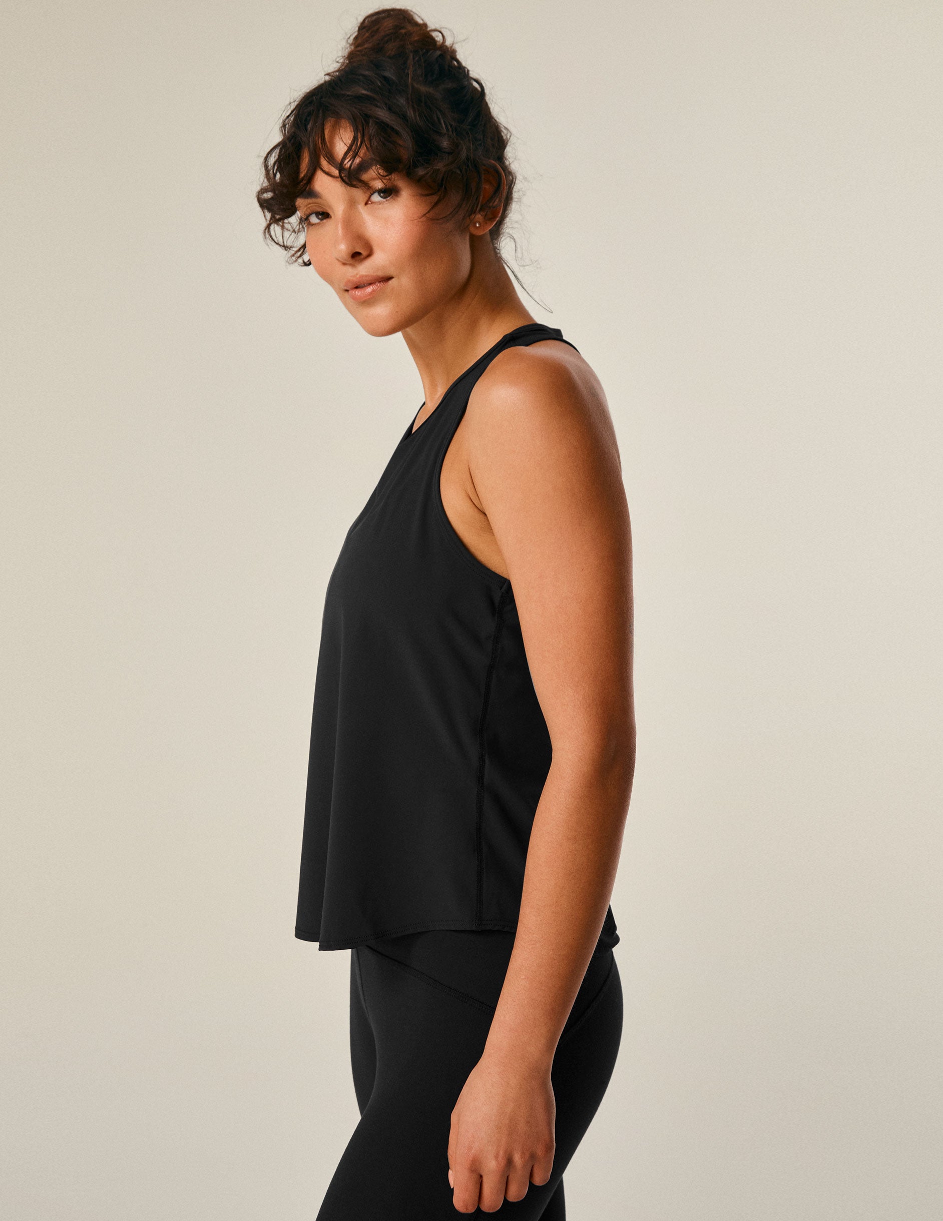 black scoop neck racerback tank top.